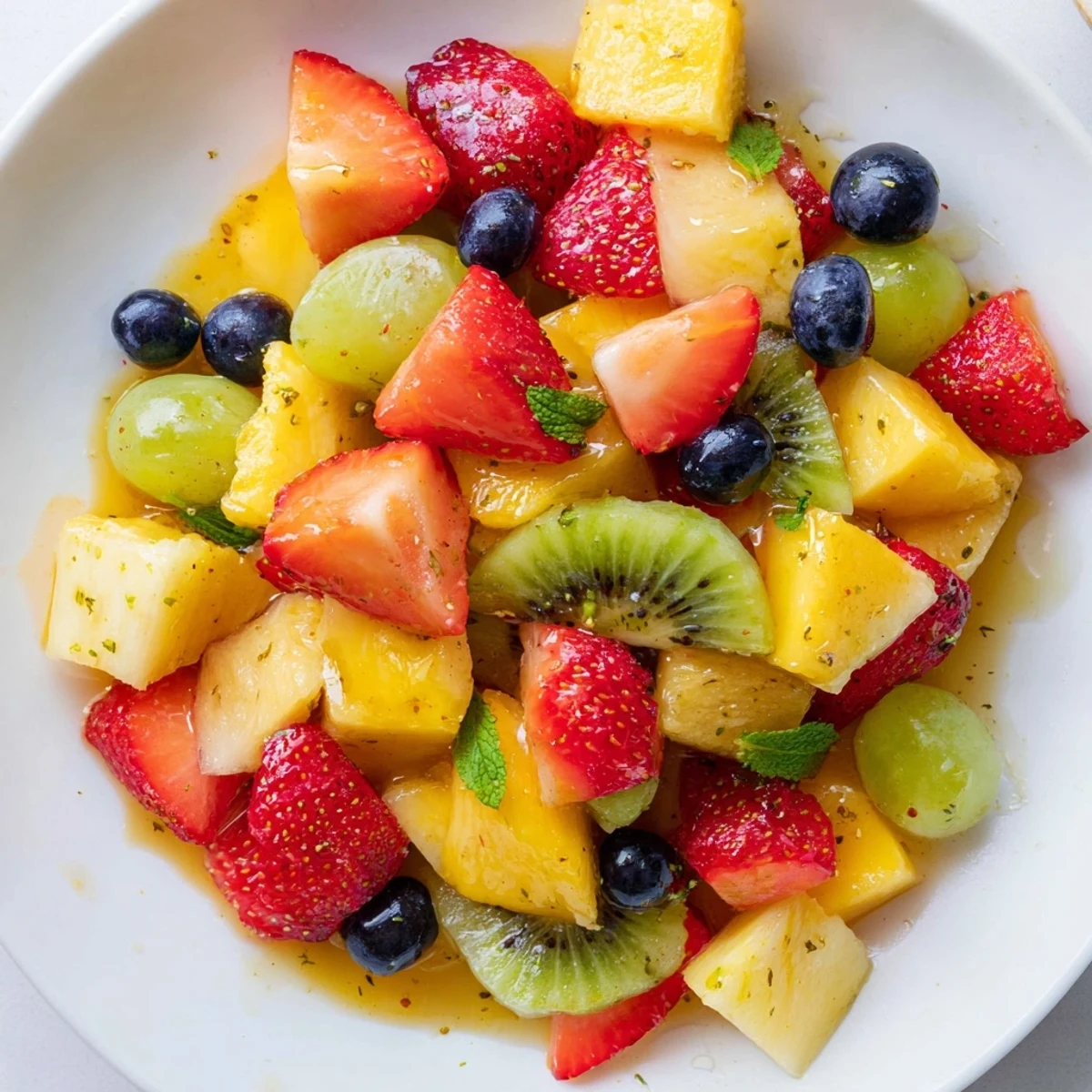 Fresh strawberry mango and kiwi fruit salad glistening with honey lime dressing