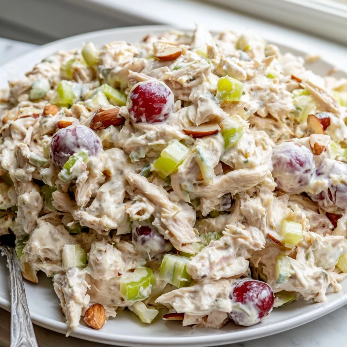 Hearty vegan chicken salad served in a bowl dotted with red grapes and herbs