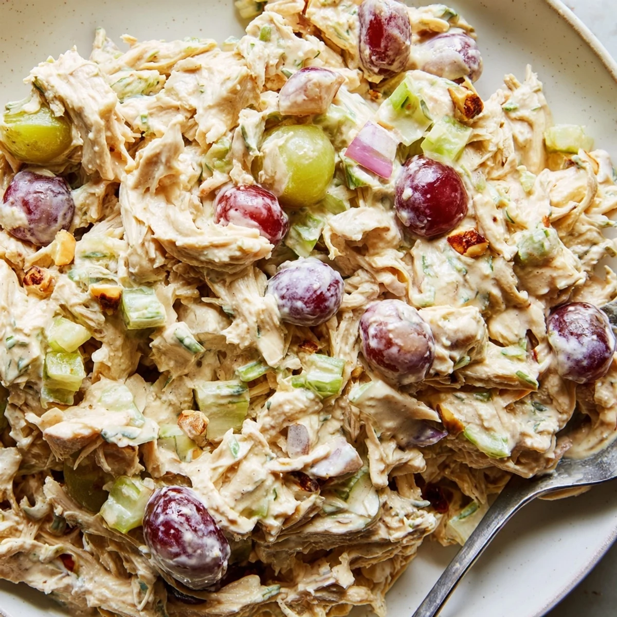 Vibrant vegan chicken salad scooped into a wrap beside fresh greens and almonds