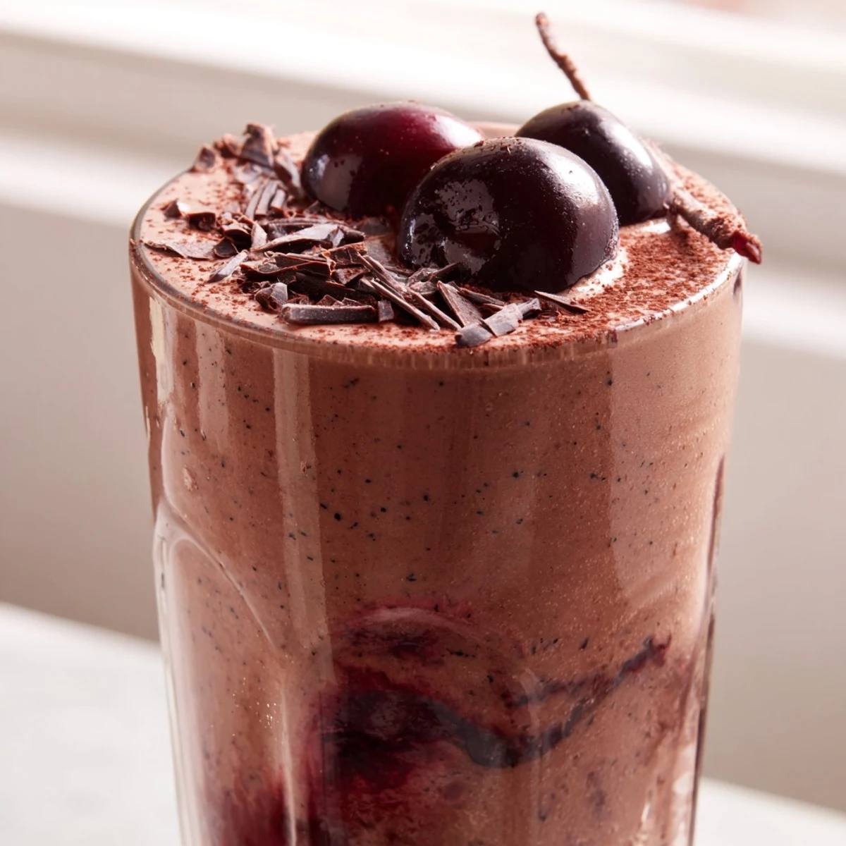 Thick chocolate cherry protein shake in a tall glass topped with fresh cherries
