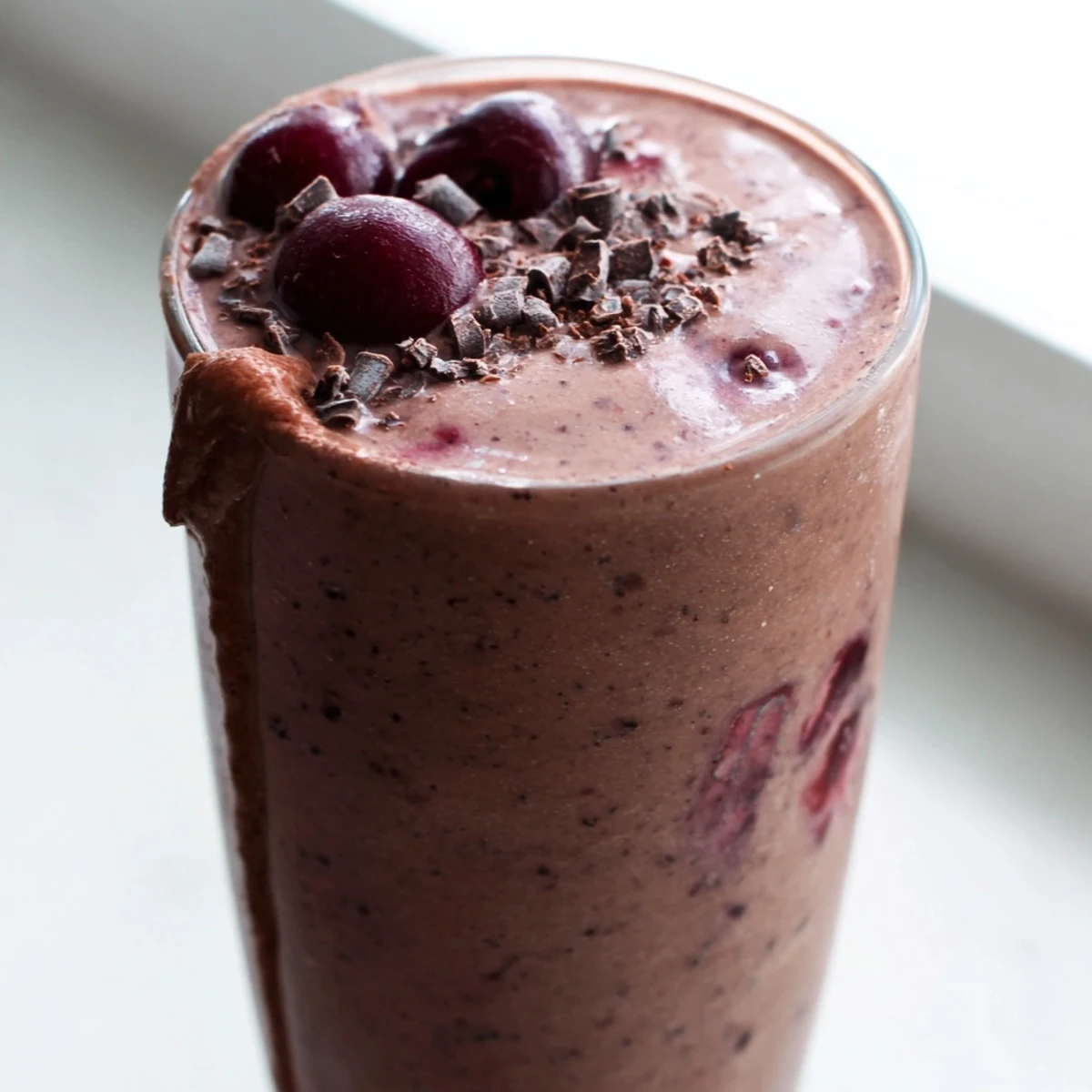 Creamy chocolate cherry protein shake blended smooth with cocoa and ripe banana