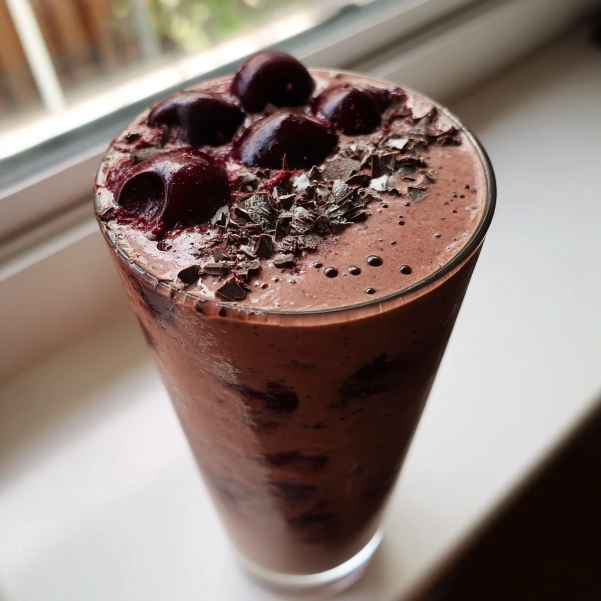 Rich chocolate cherry protein shake poured into a glass with dark chocolate shavings