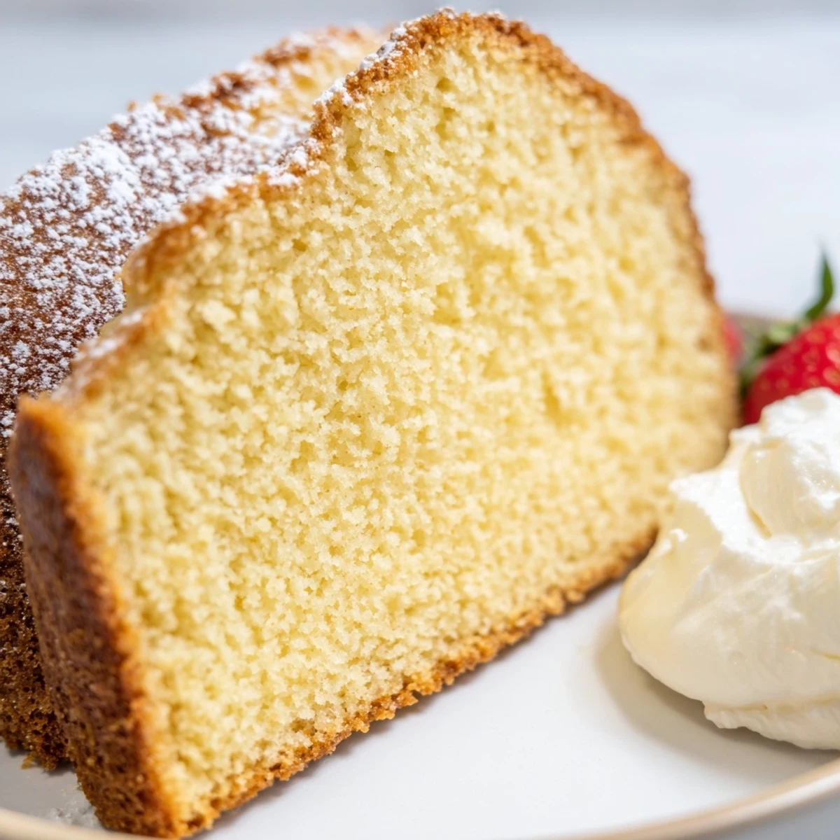 Golden pound cake slice on a rustic plate with fresh berries nearby