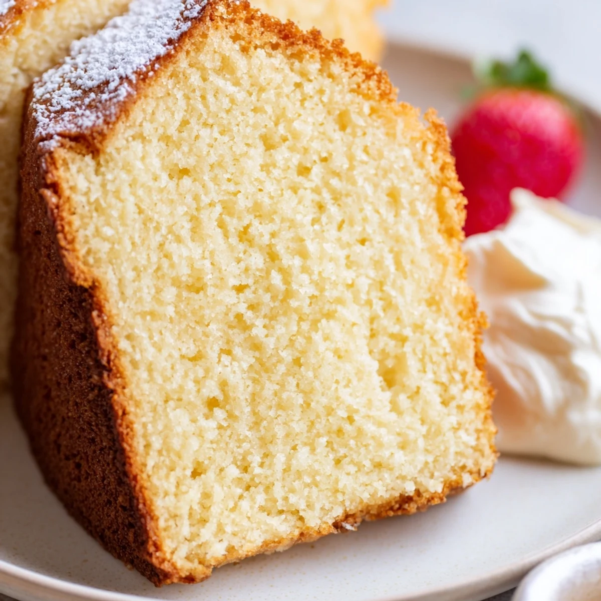 Classic pound cake with a moist buttery crumb dusted with powdered sugar