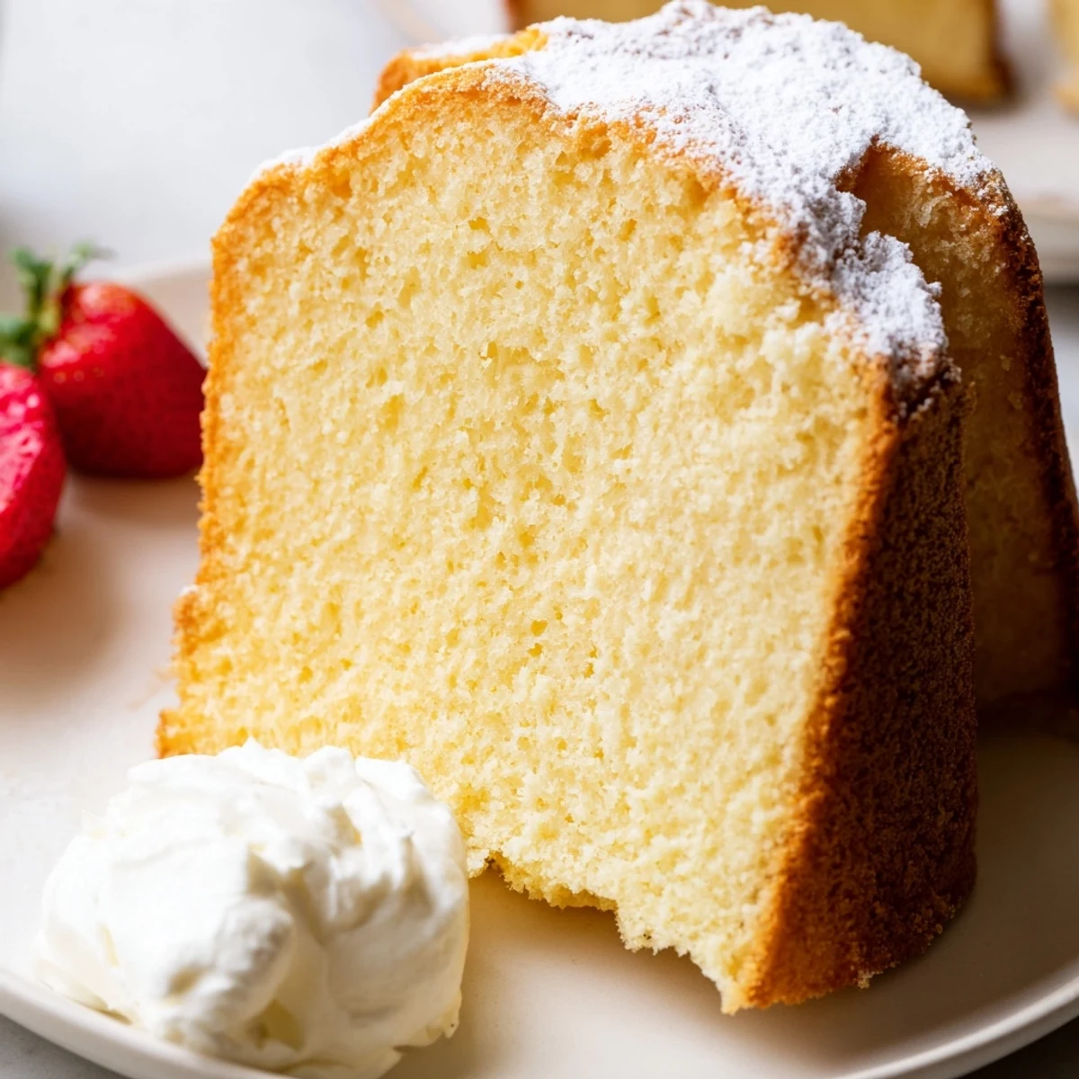 Warm pound cake loaf fresh from the oven beside a cup of tea
