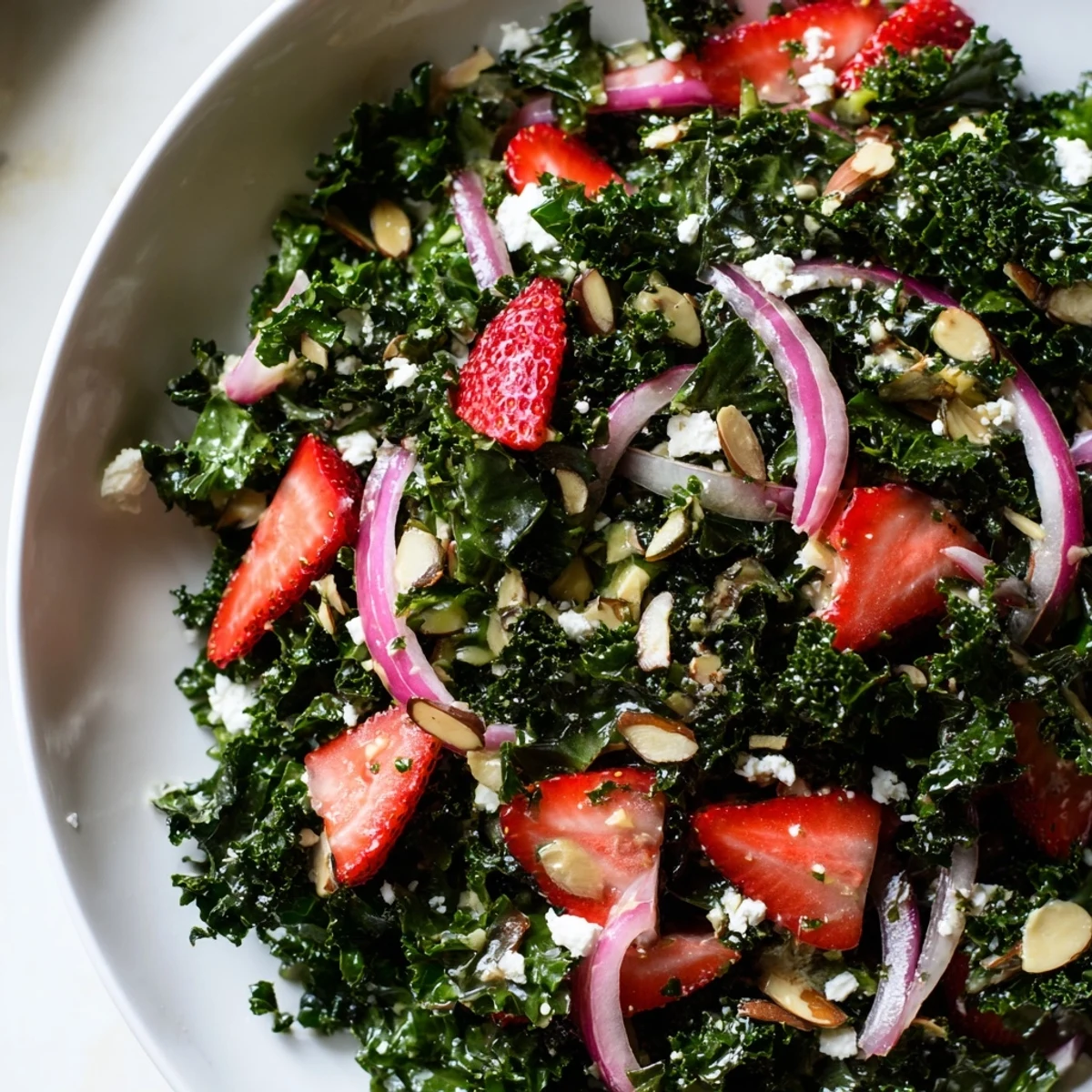 Bright strawberry kale salad drizzled with honey lemon dressing on a rustic plate