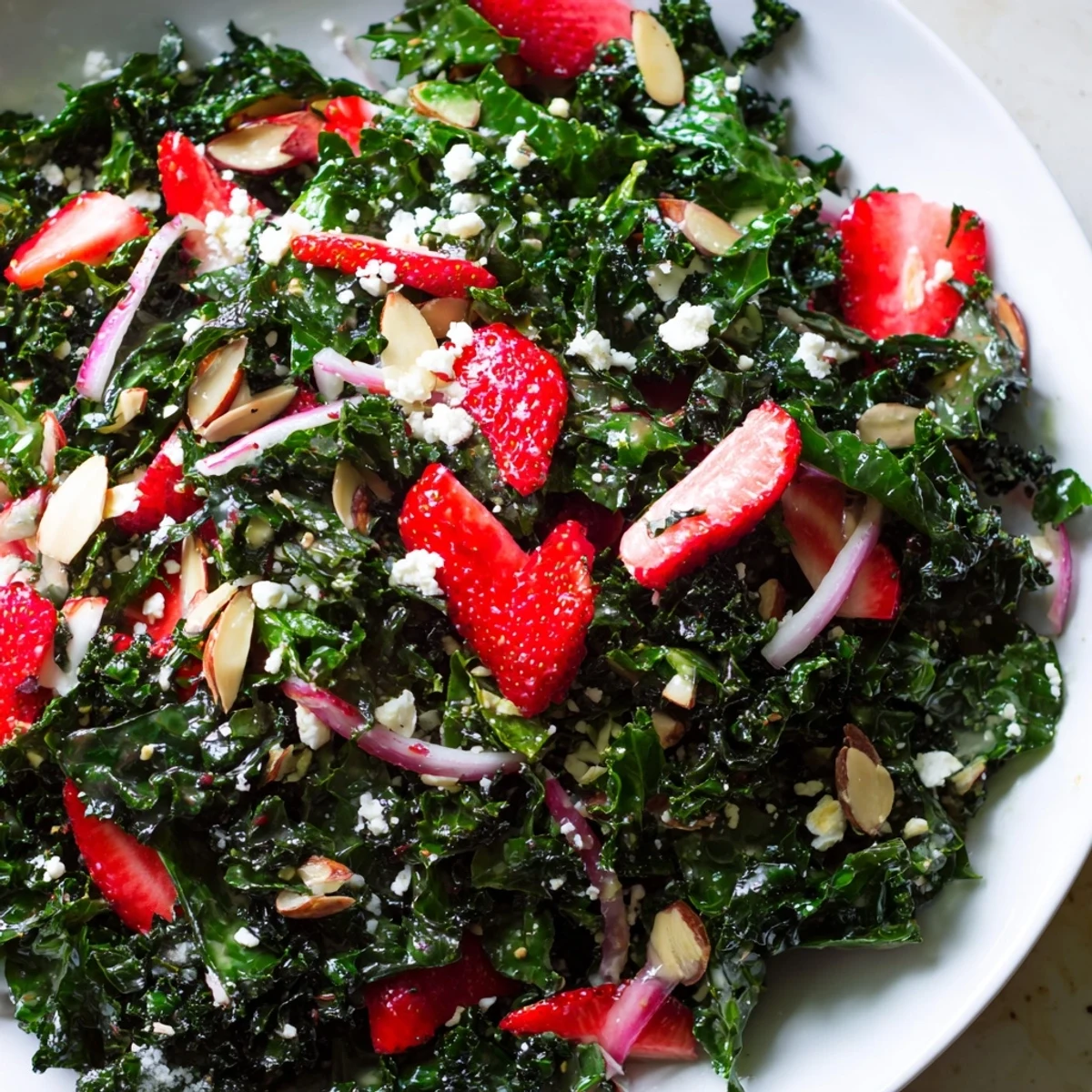 Vibrant strawberry kale salad topped with toasted almonds and tangy honey lemon dressing