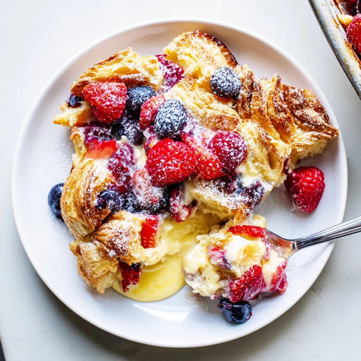 Golden berry croissant bake with juicy raspberries and blueberries in creamy custard