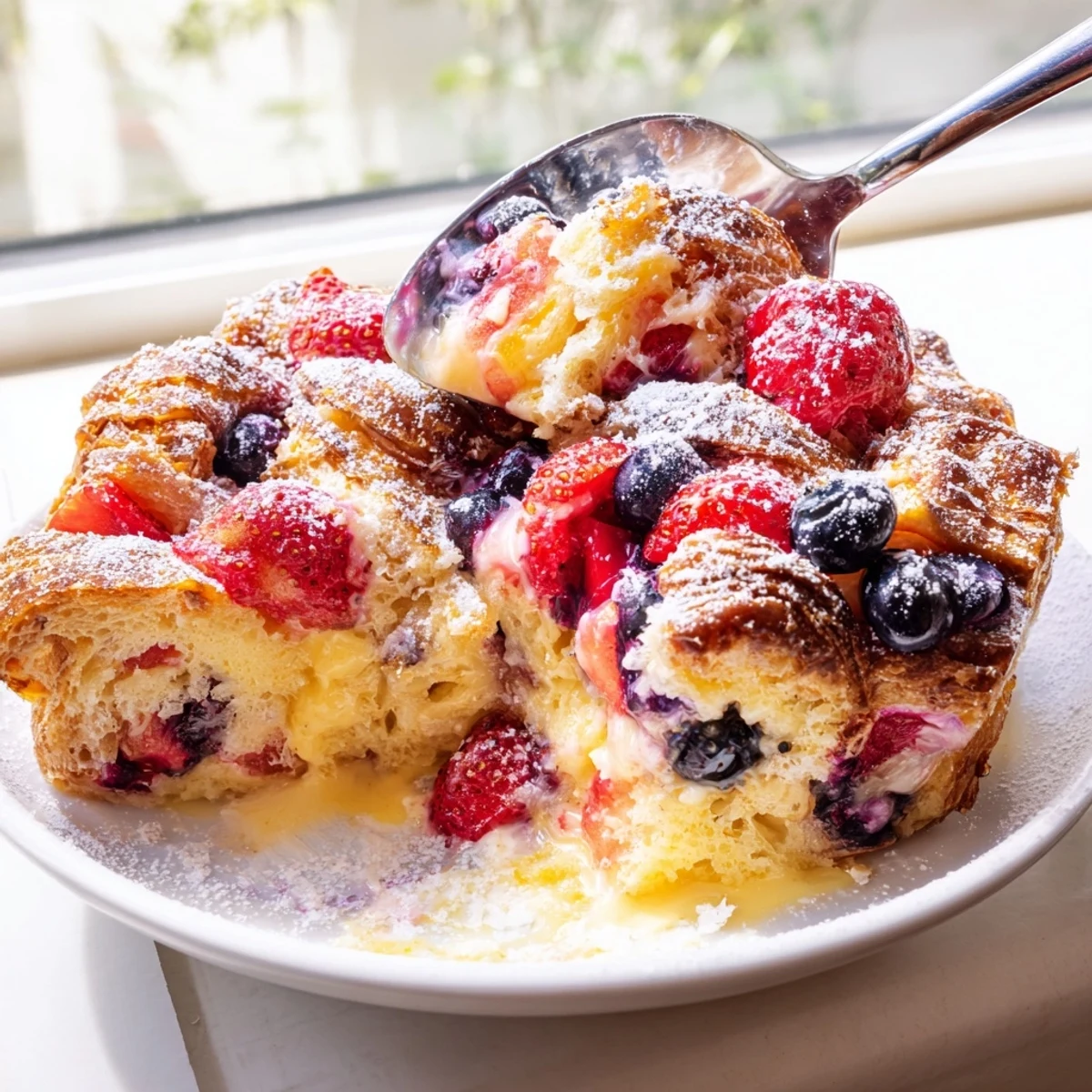 Berry croissant bake topped with powdered sugar served warm on a white plate
