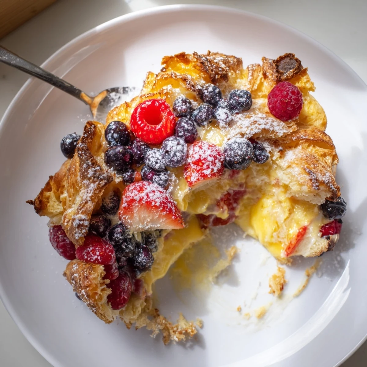 Flaky croissant pieces bursting with mixed berries in this golden berry croissant bake