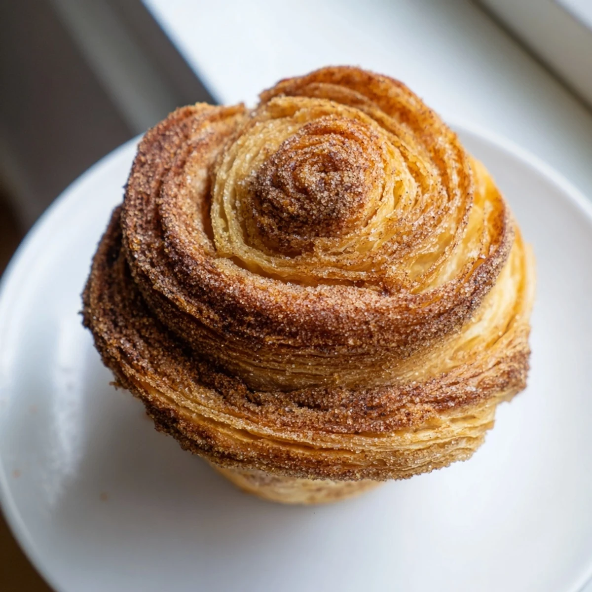 Warm cruffins dusted in cinnamon sugar showing spiral pastry layers inside