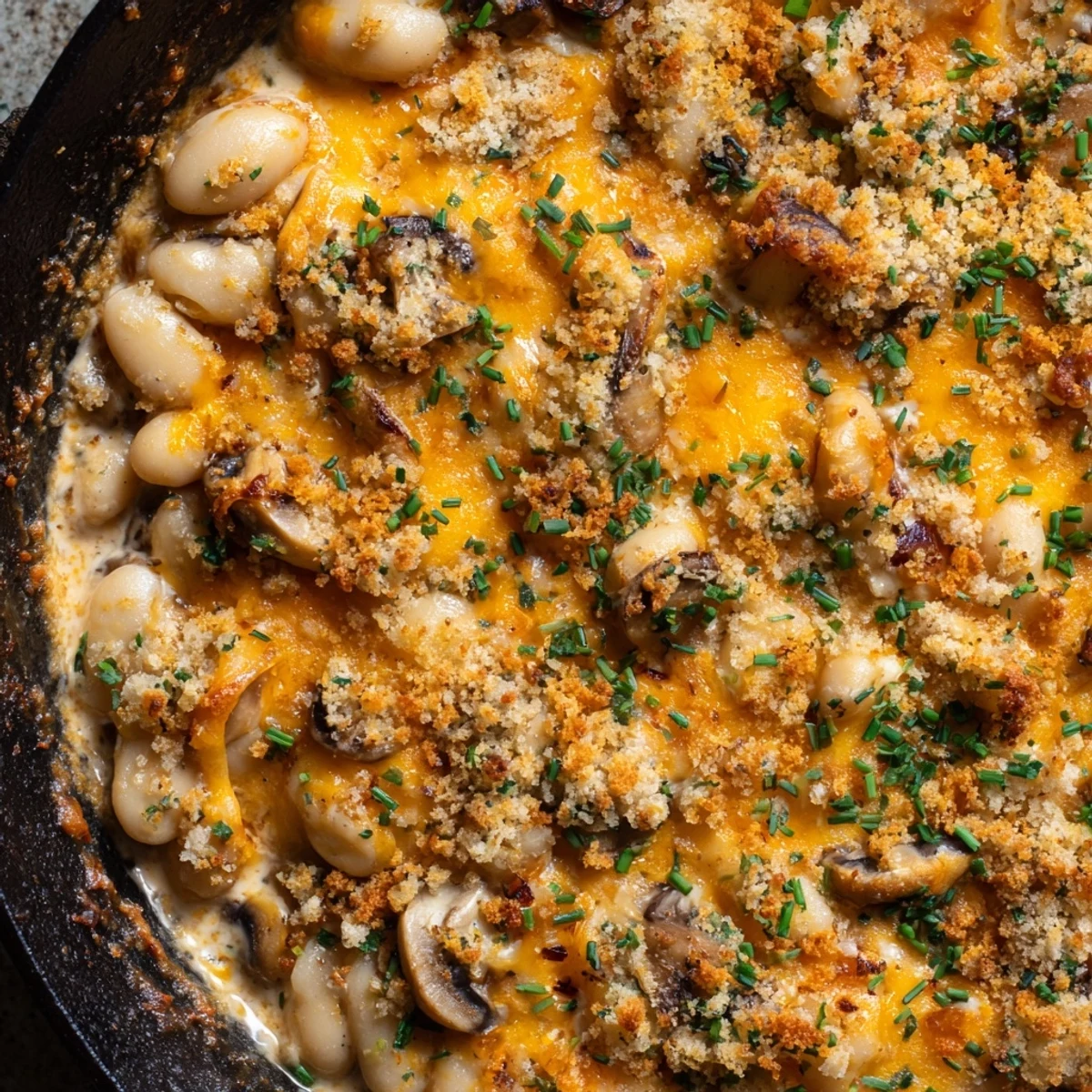Creamy spiced white beans with mushrooms bubbling under golden cheddar herb topping in cast iron skillet