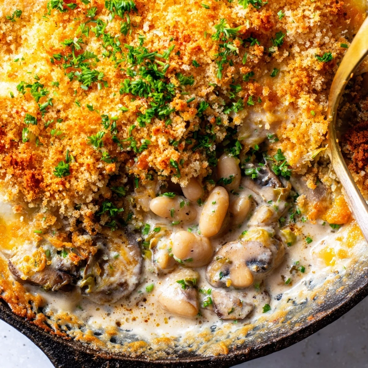 Steaming bowl of creamy spiced white beans with mushrooms topped with crispy melted cheddar crust