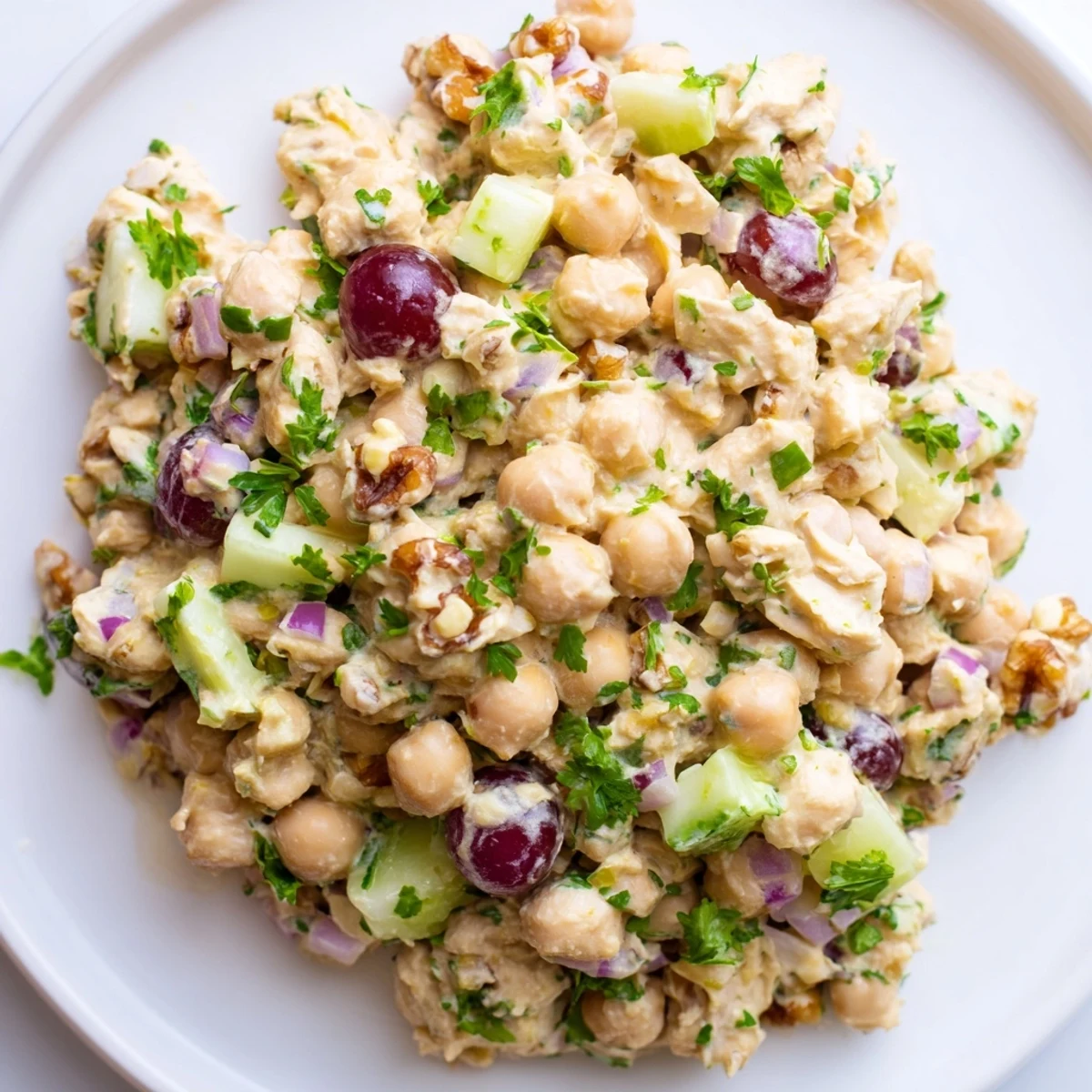 Vegan chicken salad in a bowl studded with chickpeas, red grapes, and walnuts