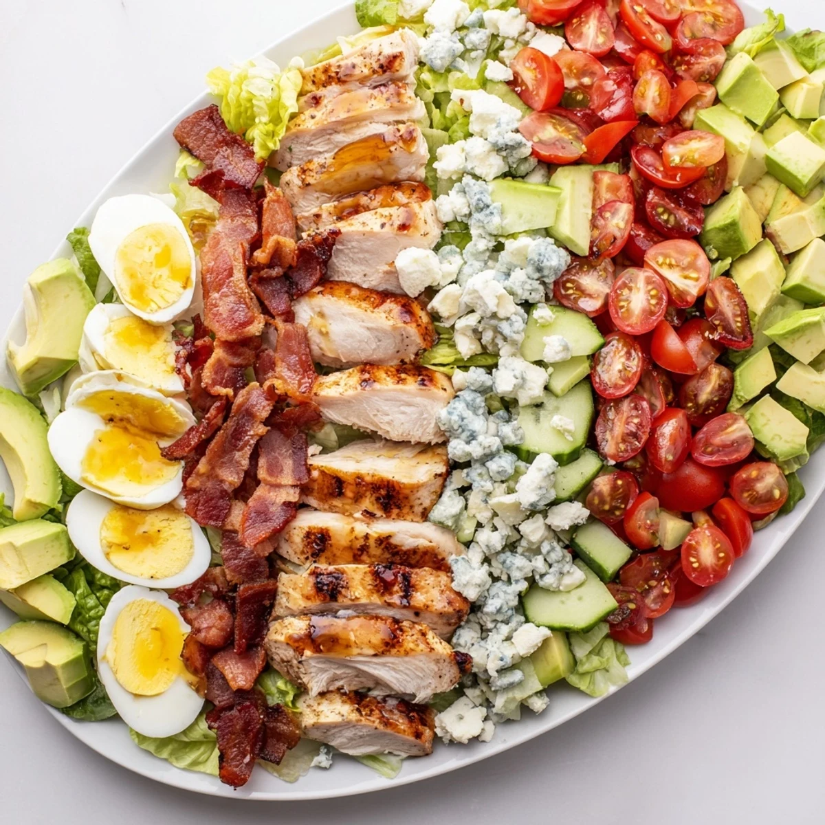 Colorful Cobb salad with grilled chicken, bacon, eggs, and blue cheese on a platter