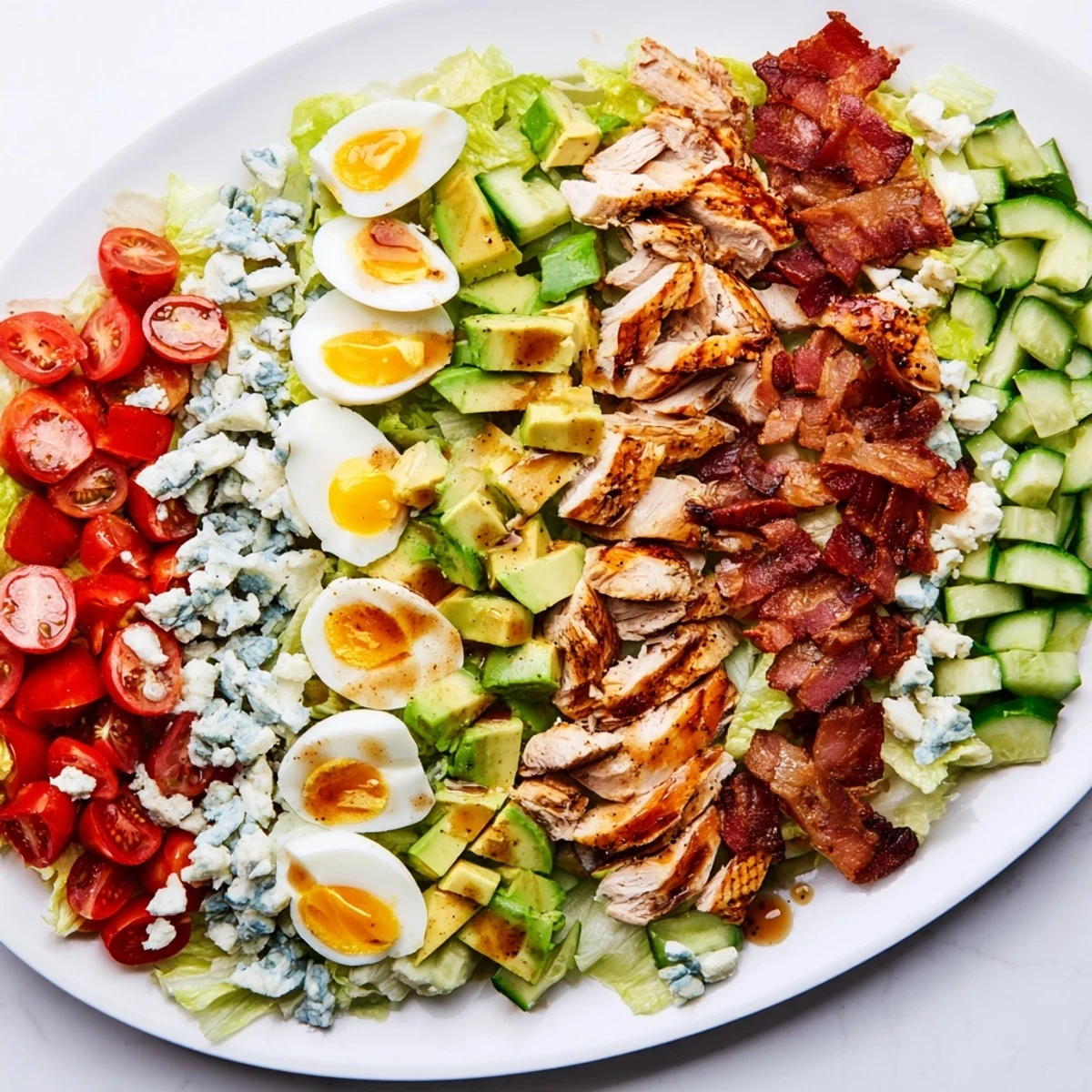Crisp romaine Cobb salad topped with avocado, tomatoes, and tangy red wine vinaigrette dressing