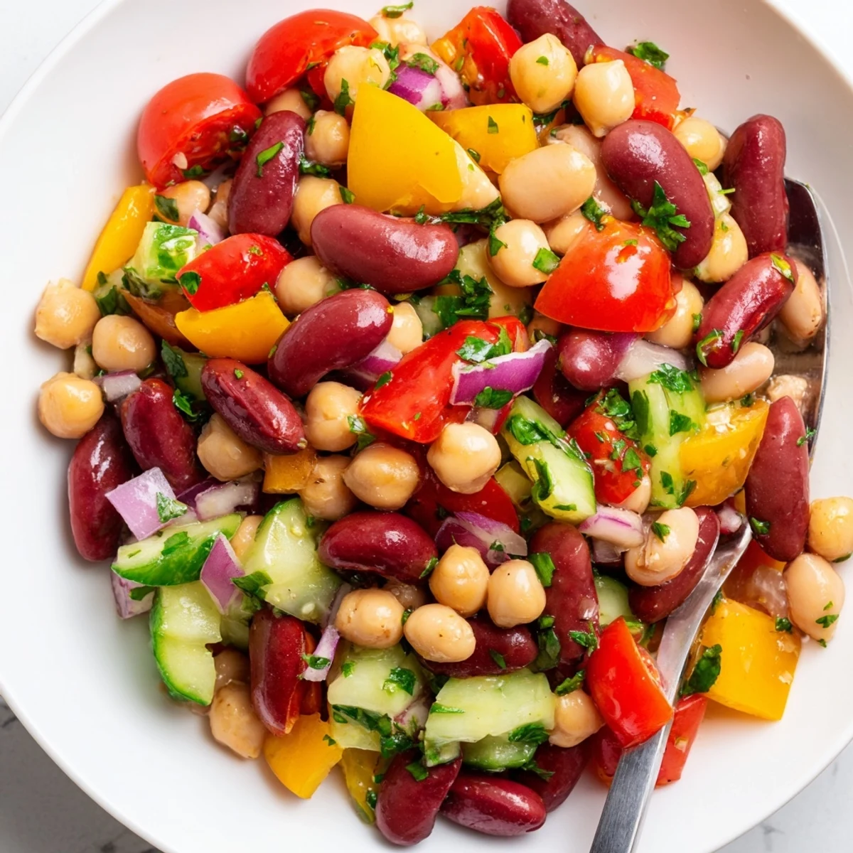 Italian bean salad in a rustic bowl studded with ripe cherry tomatoes