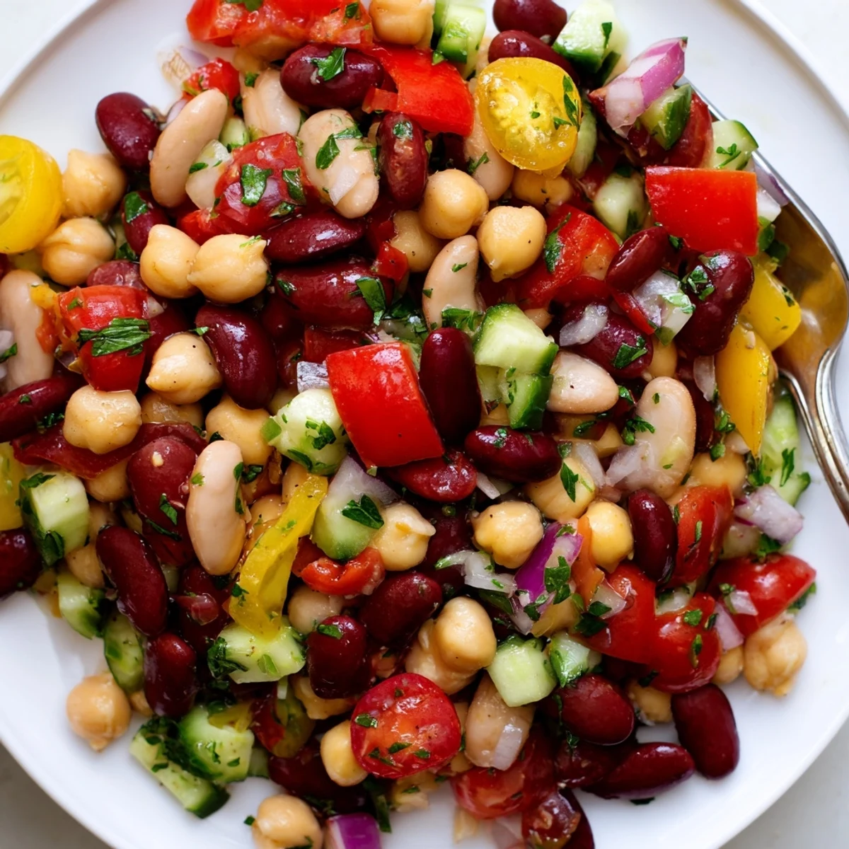 A vibrant Italian bean salad glistening with herbed dressing and fresh parsley