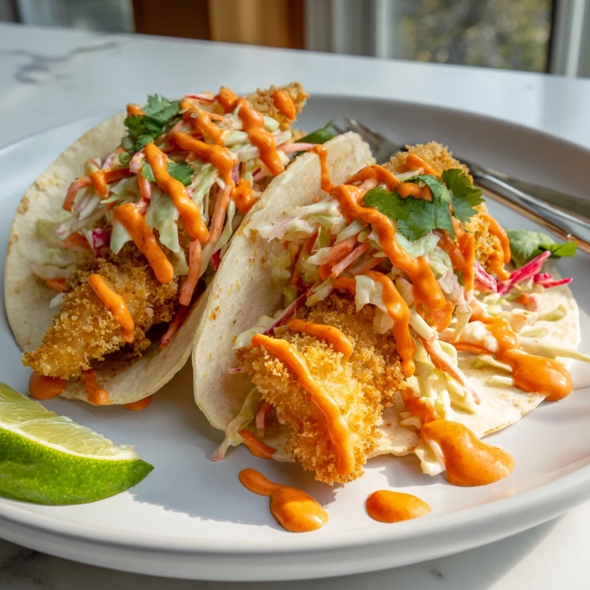 Golden crispy bang bang fish tacos piled high with cool creamy lime slaw