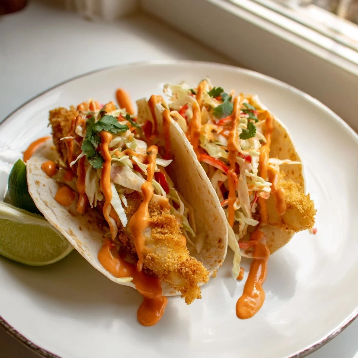 Warm tortillas loaded with crunchy fish and tangy bang bang sauce dripping down