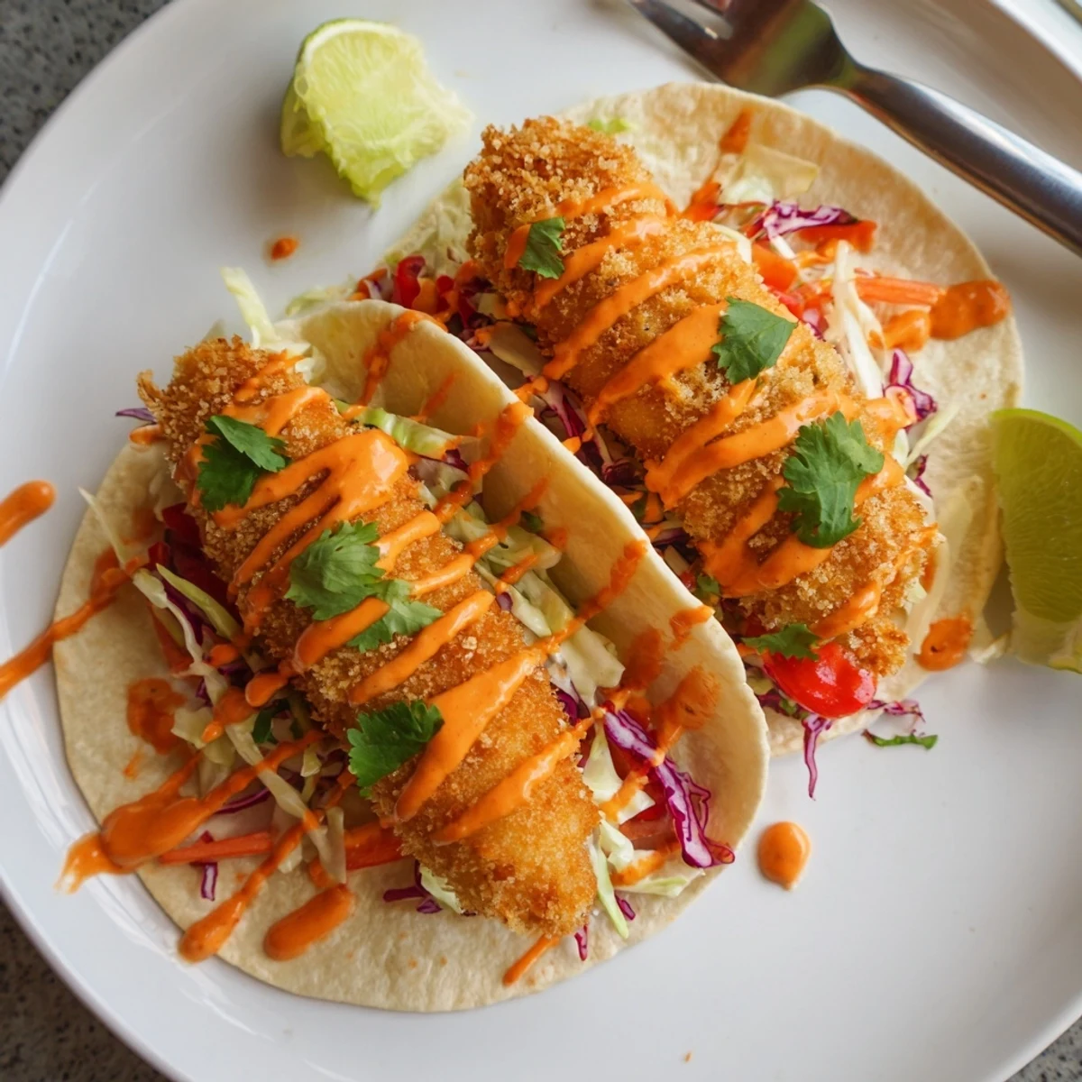 Crispy panko fried fish tacos drizzled with spicy sweet bang bang sauce