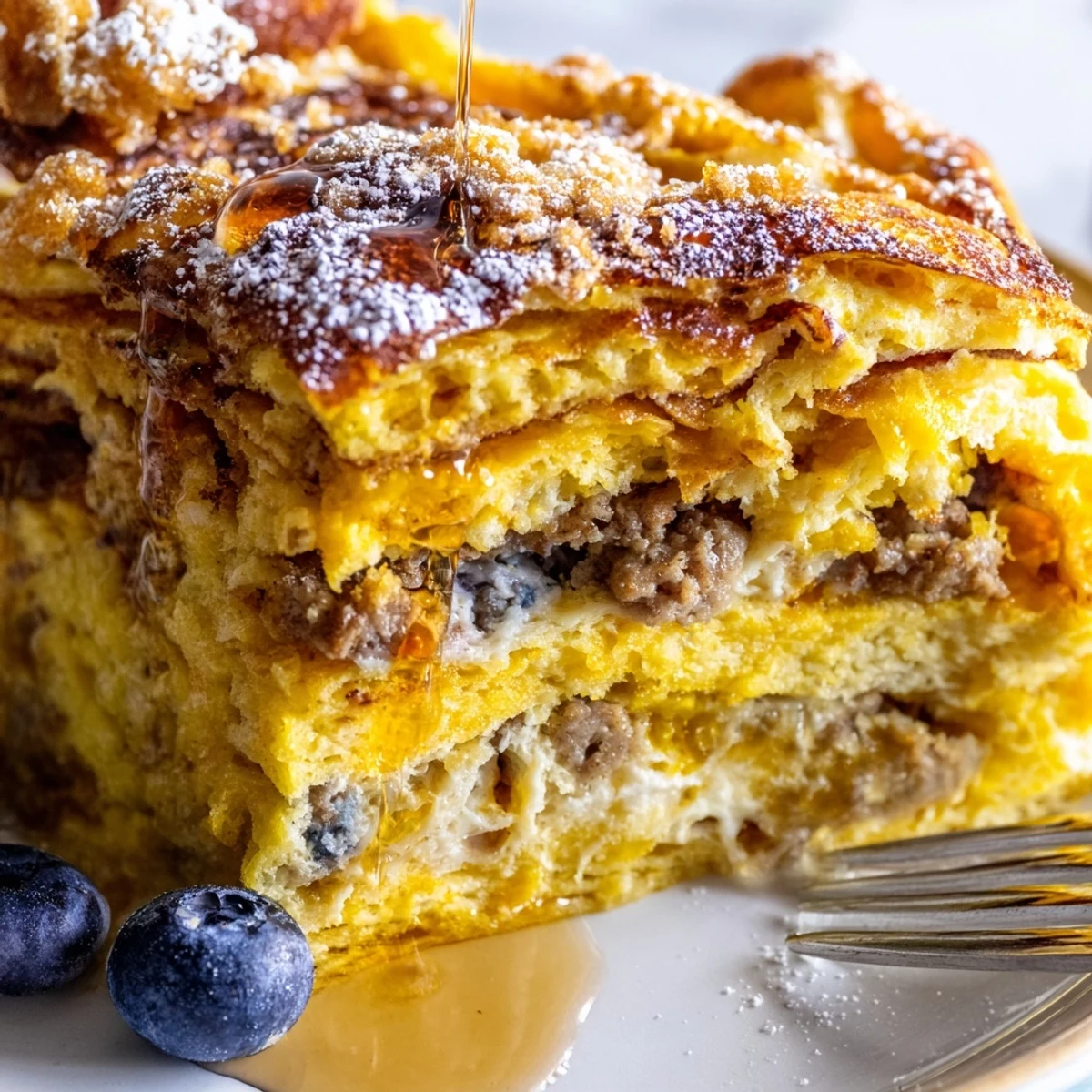 Golden Overnight Pancake Breakfast Bake fresh from the oven with melted cheddar and maple syrup