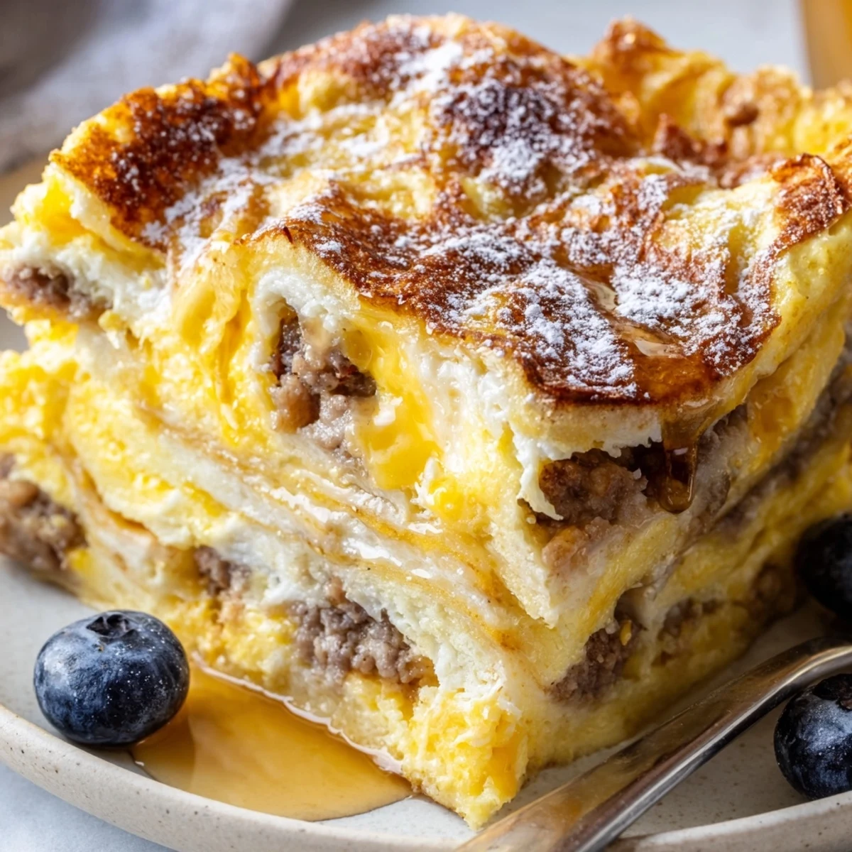 Steaming slice of Overnight Pancake Breakfast Bake topped with powdered sugar and fresh berries