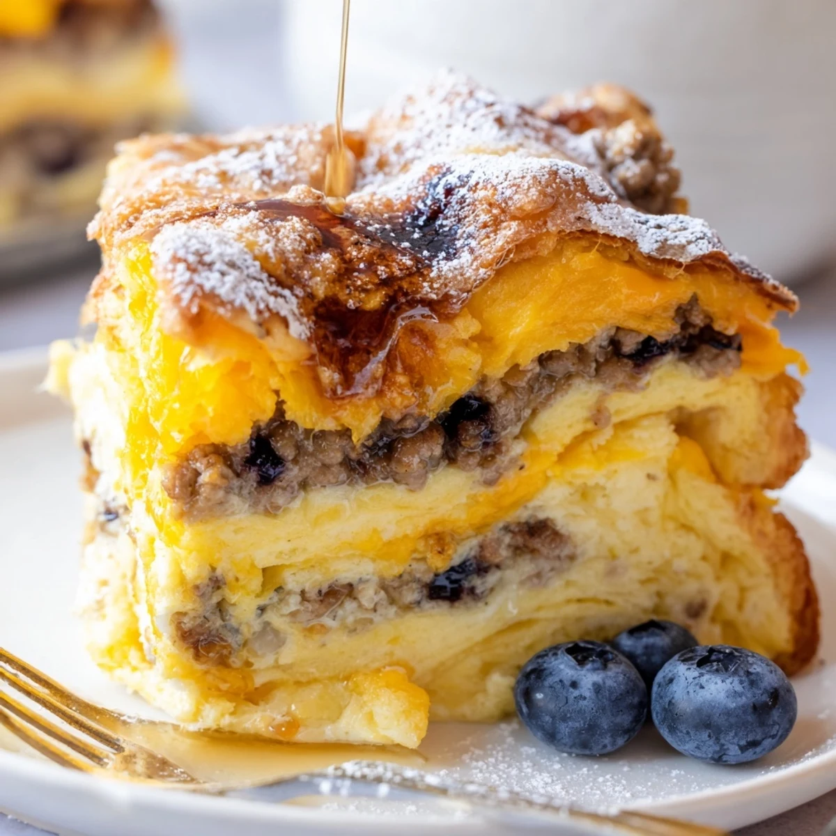 Overnight Pancake Breakfast Bake bubbling in a 9x13 dish with puffed golden egg custard
