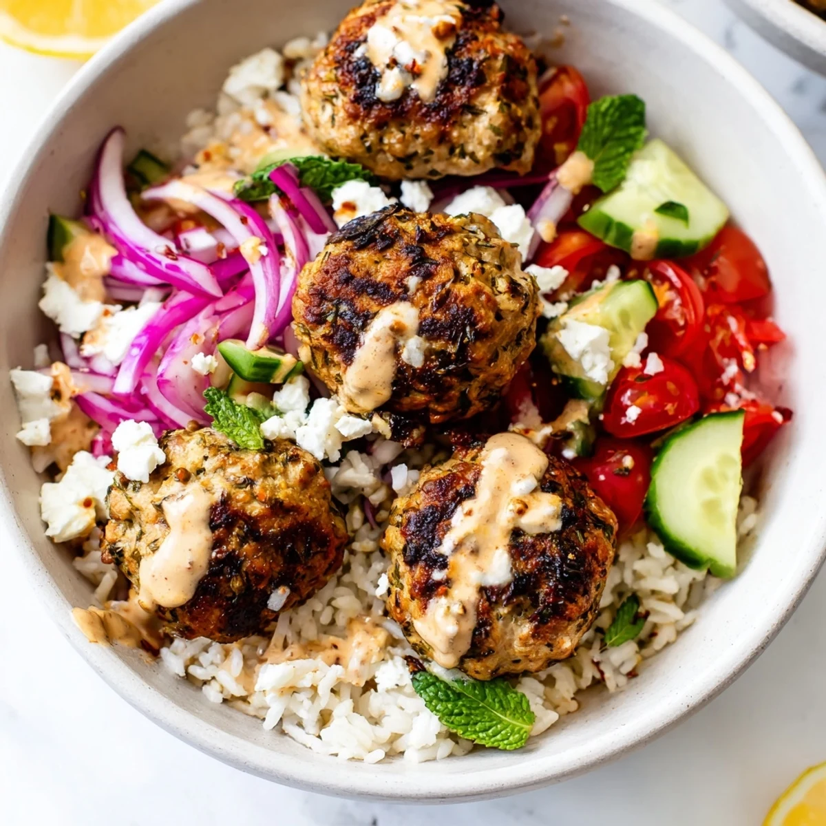 Bowl of Mediterranean zaatar turkey meatballs topped with bright cucumber, tomatoes, and rich tahini sauce