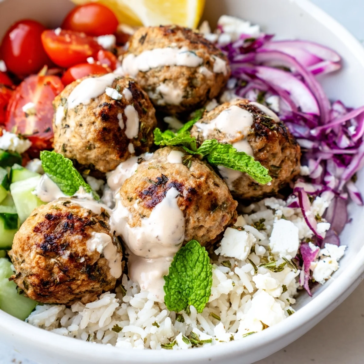 Golden zaatar-spiced turkey meatballs nestled over fluffy rice with crisp vegetables and creamy tahini drizzle