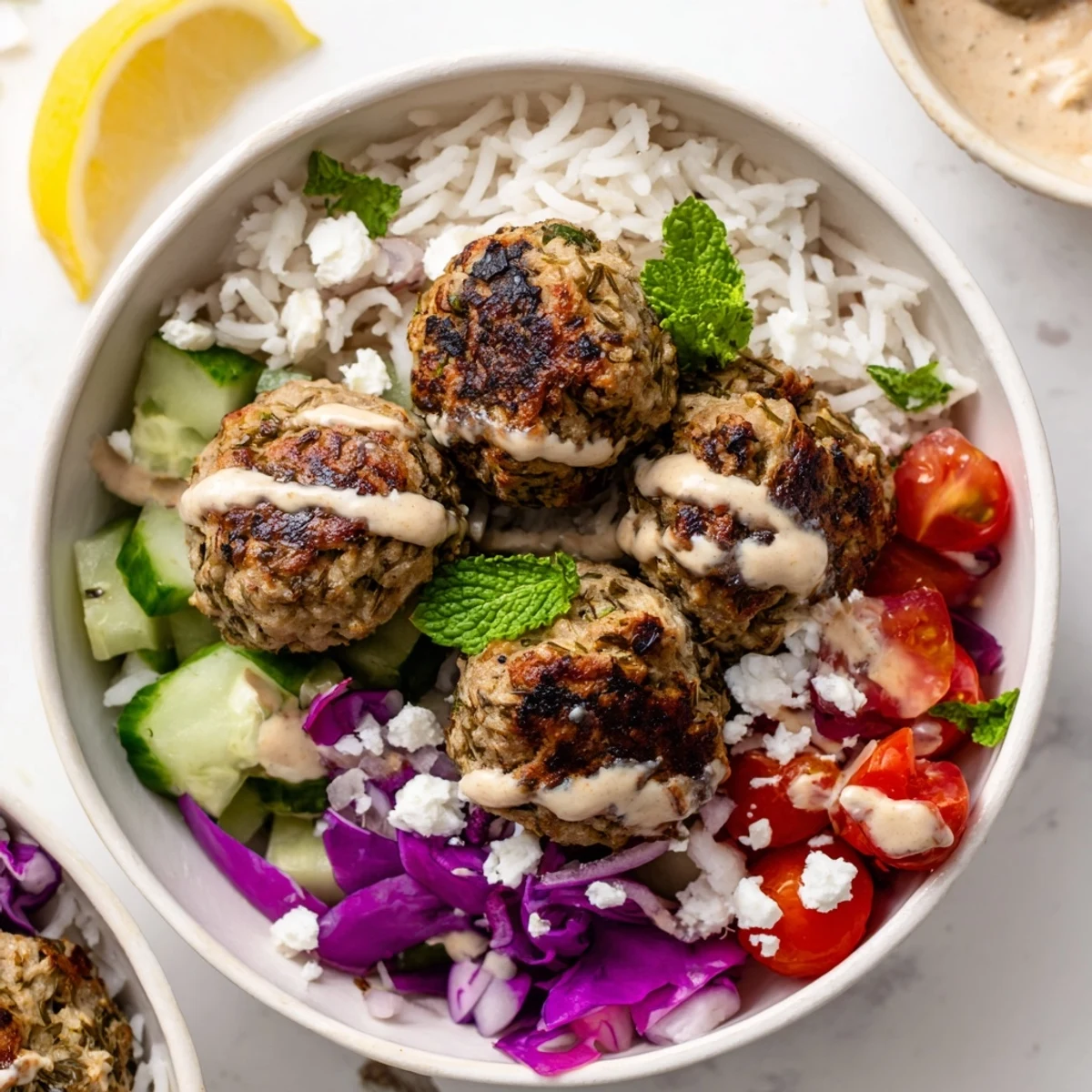 Steaming Mediterranean zaatar turkey meatball bowls garnished with fresh mint, crumbled feta, and lemon wedges