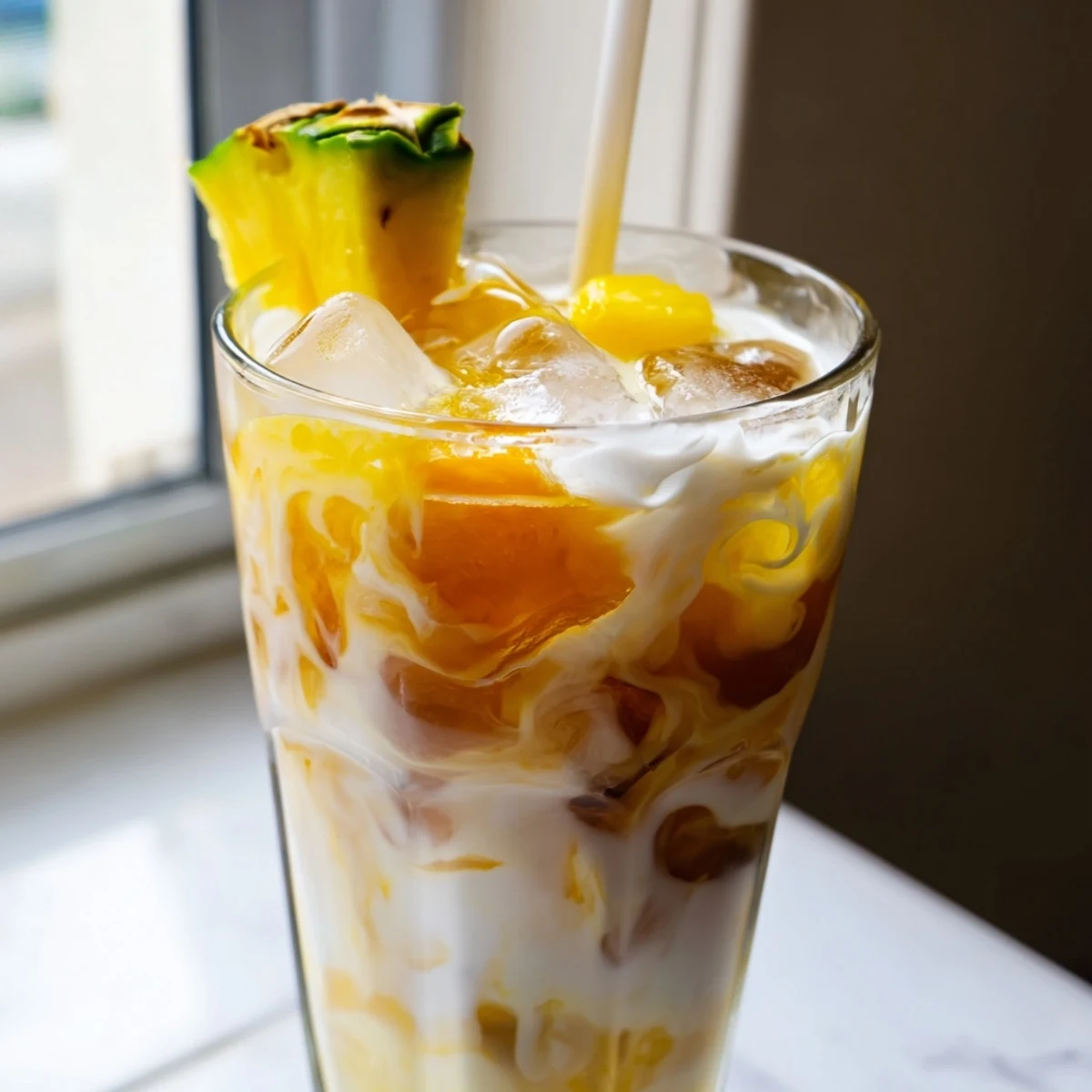 Tropical Thunder Dirty Soda swirled with creamy coconut and topped with fresh lime