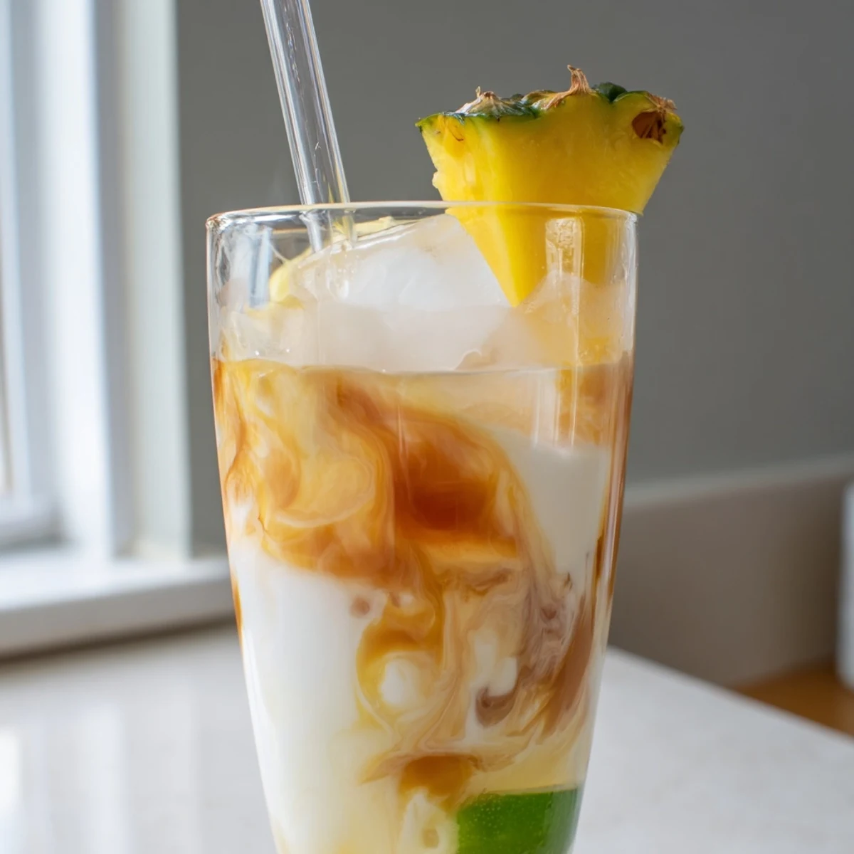 Fizzy Tropical Thunder Dirty Soda in an ice-filled glass with pineapple garnish