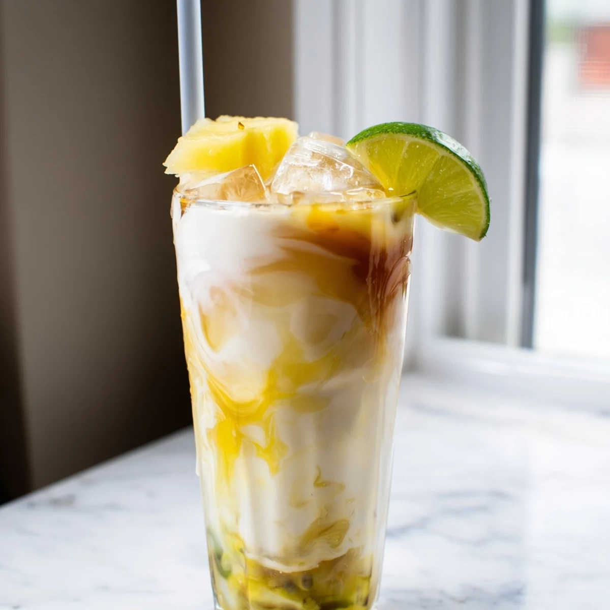 Marbled Tropical Thunder Dirty Soda drizzled with mango syrup and served ice-cold