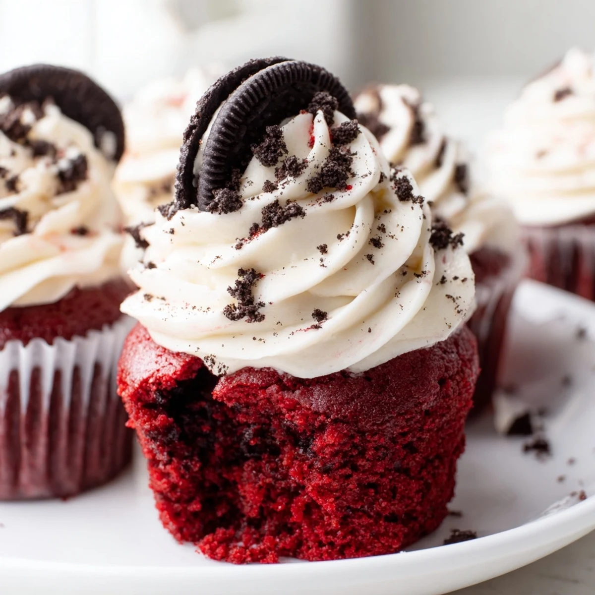Red Velvet Oreo Cupcakes topped with creamy cookies and cream frosting on a rustic plate