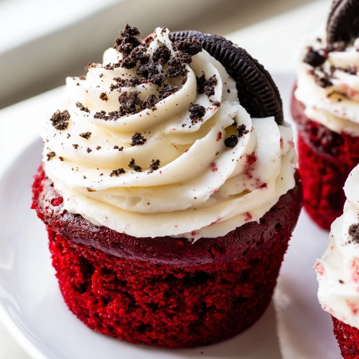 Red Velvet Oreo Cupcakes with swirls of crushed cookie frosting served in decorative liners
