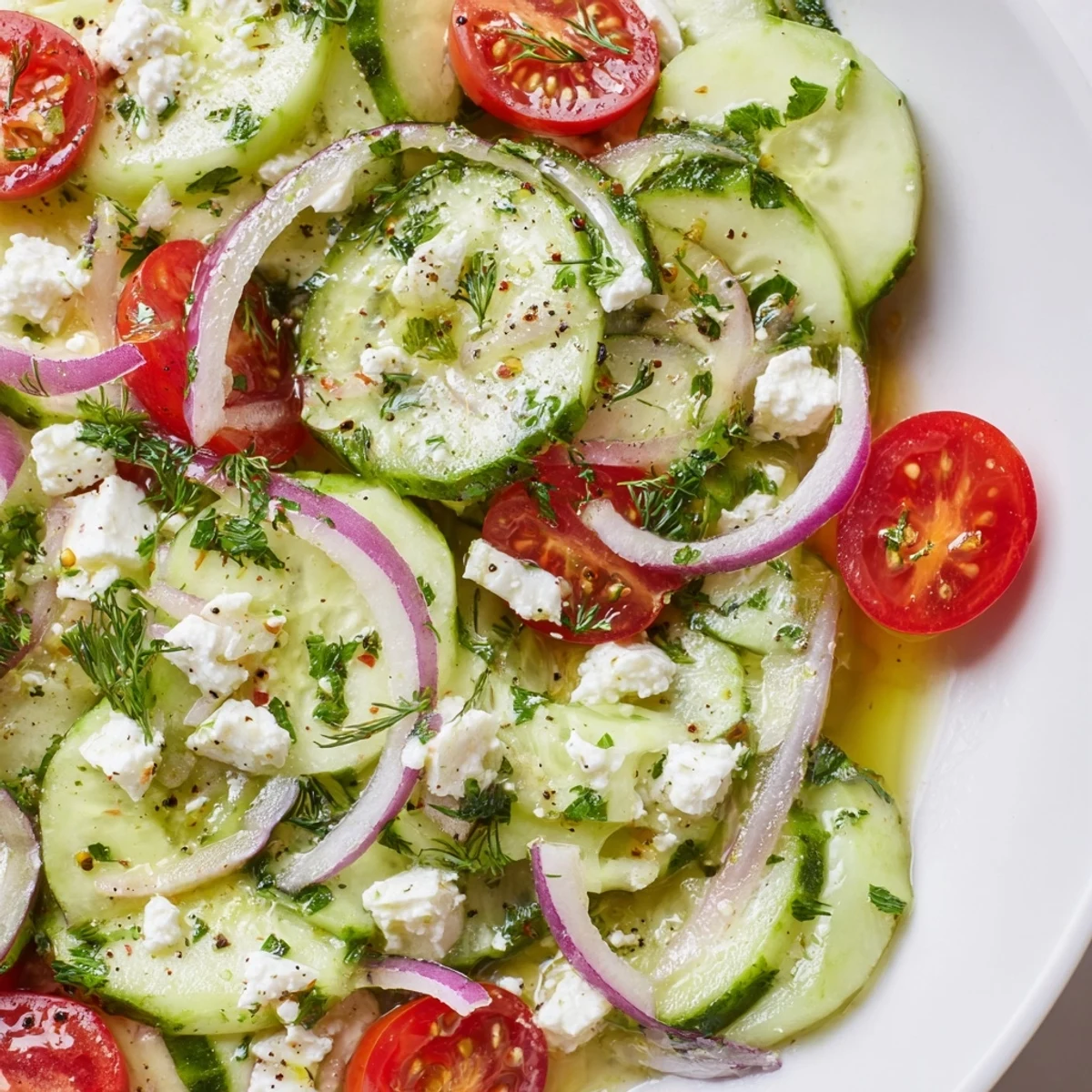 Creamy crumbled feta tops a bright feta cucumber herb salad with cherry tomatoes and fresh dill