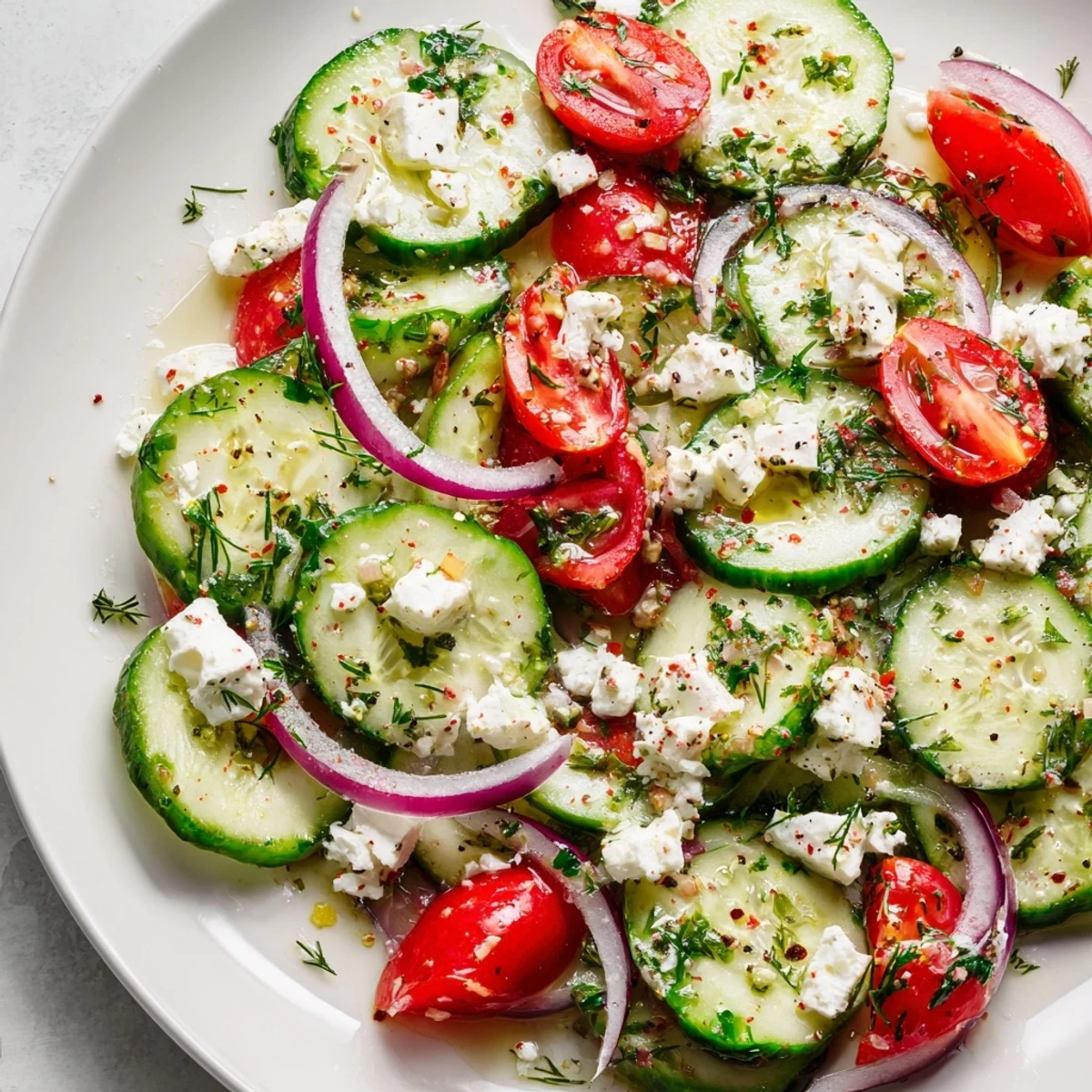 Golden olive oil dressing drizzles over a feta cucumber herb salad scattered with crumbled cheese and mint