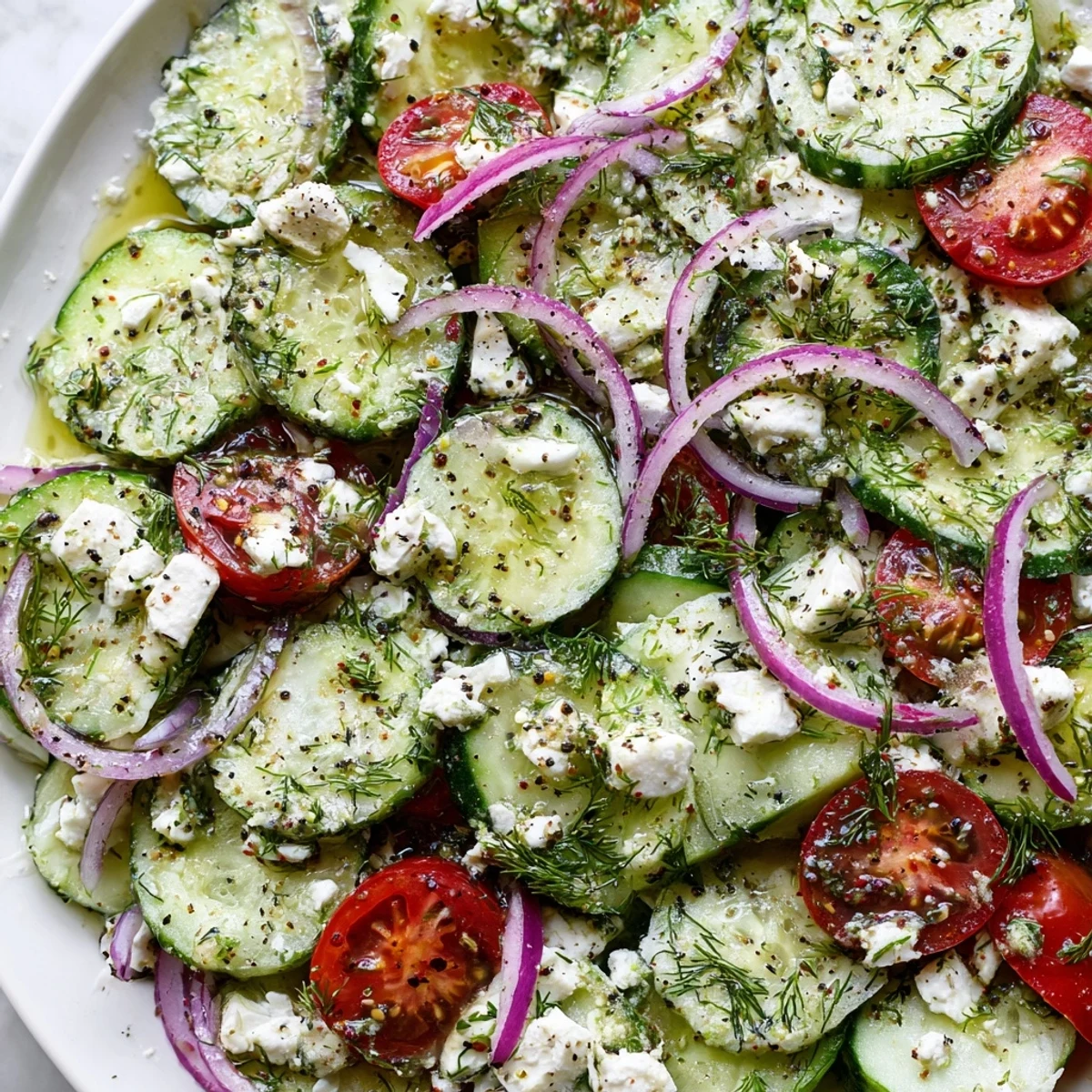 Tender cucumber slices and vibrant herbs coat this refreshing feta cucumber herb salad in a rustic bowl