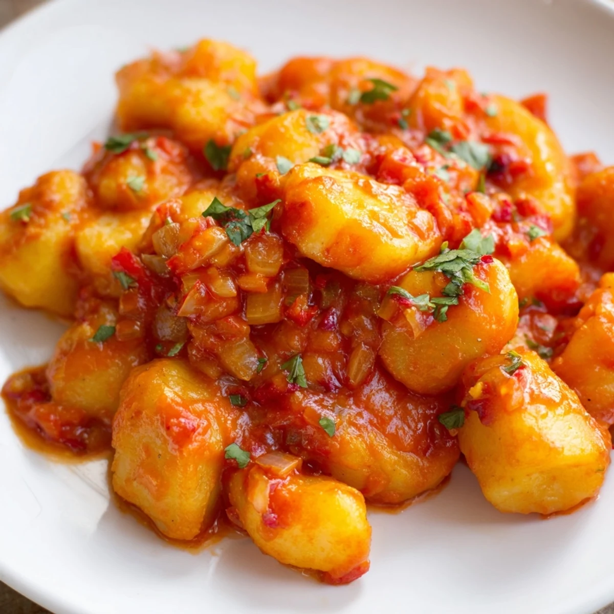 Golden papas con chile simmered in a rich, mildly spicy red tomato jalapeño sauce
