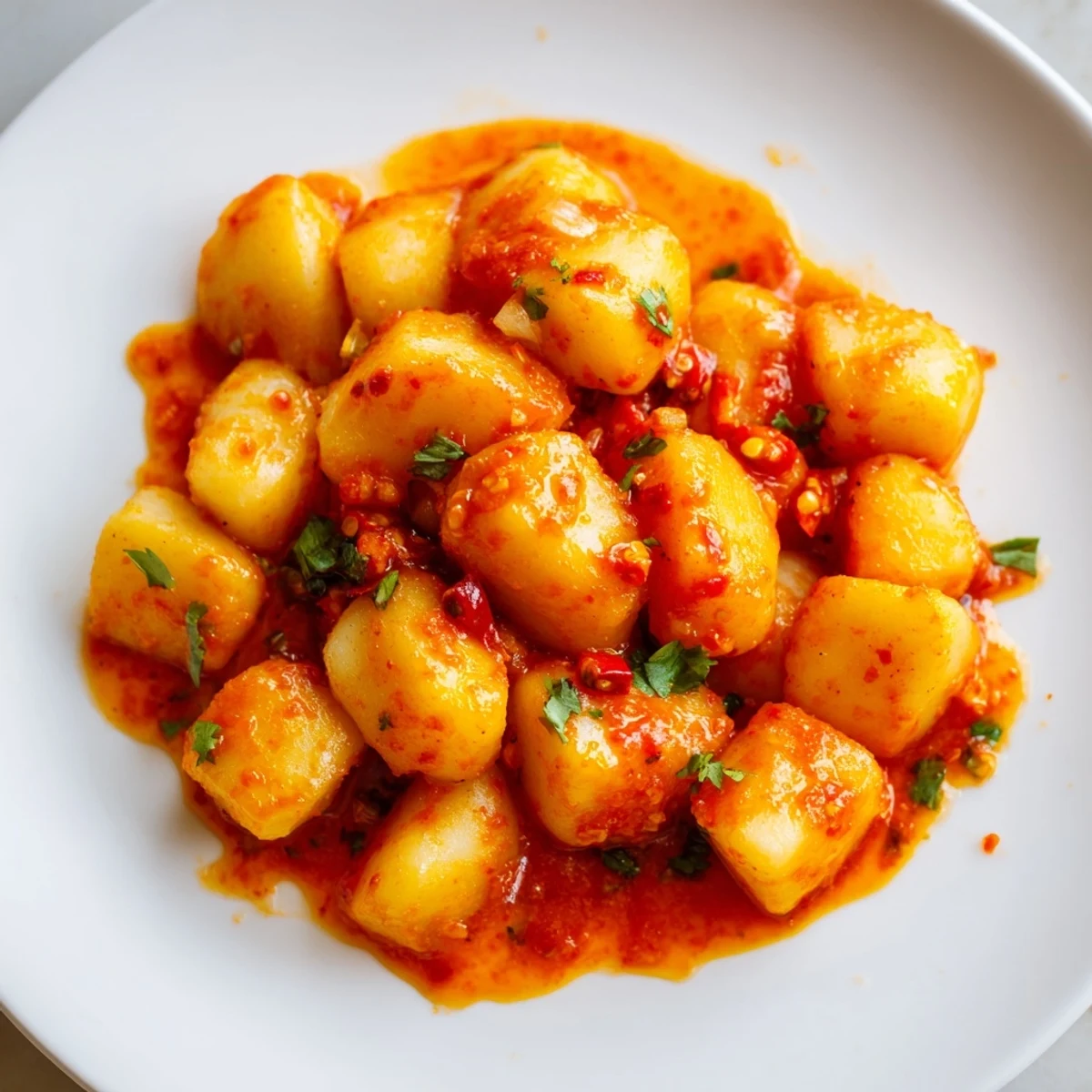 Tender potato cubes coated in vibrant papas con chile sauce garnished with fresh cilantro