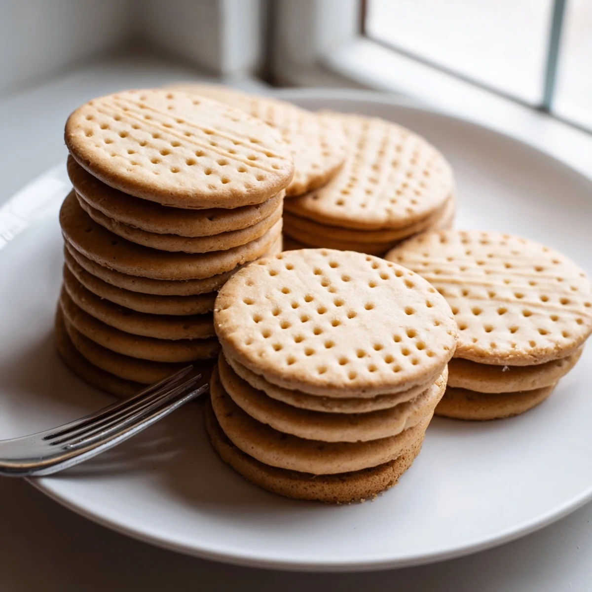 A stack of buttery petit beurre biscuits arranged beside a steaming mug