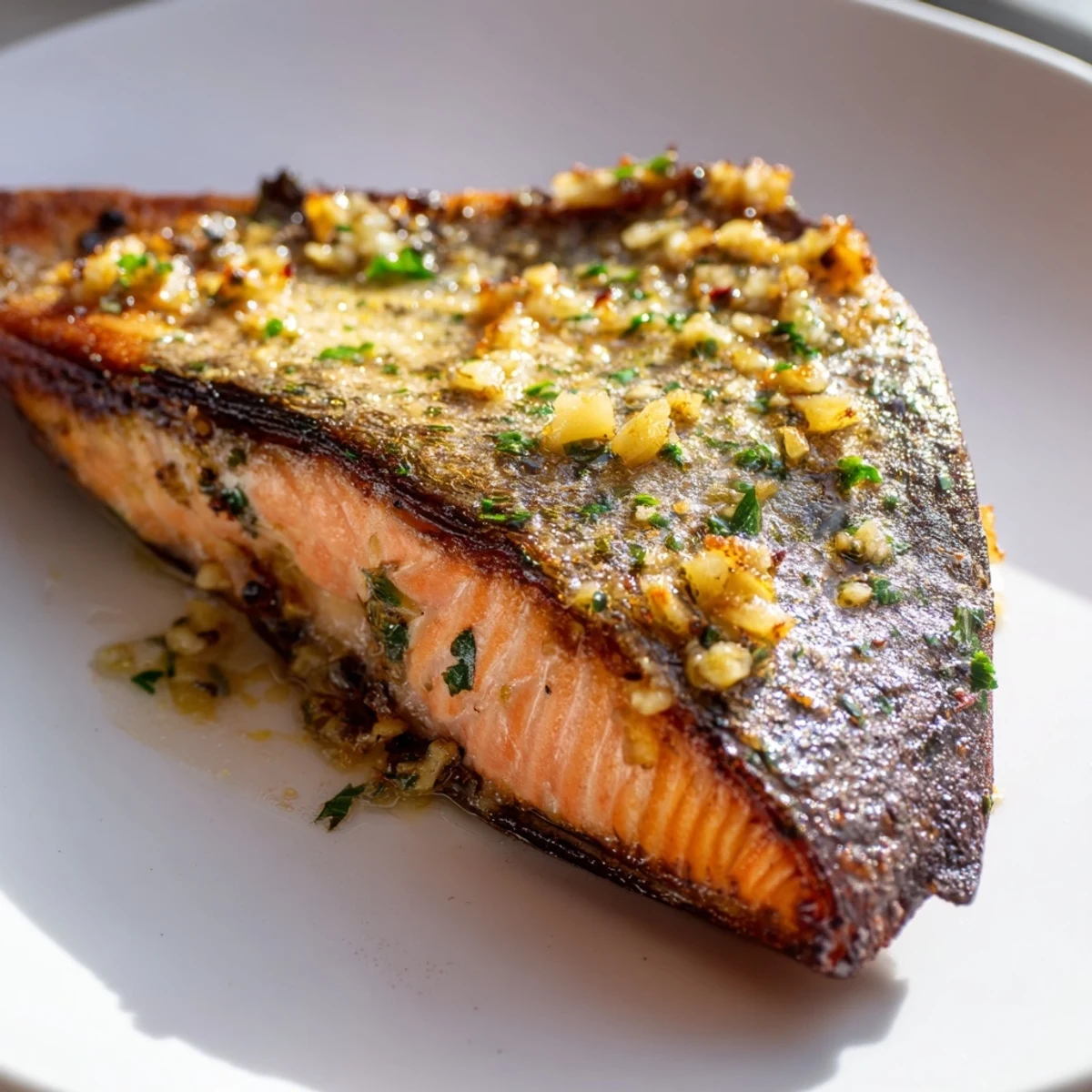 Golden garlic butter salmon fillet garnished with fresh parsley and lemon wedges