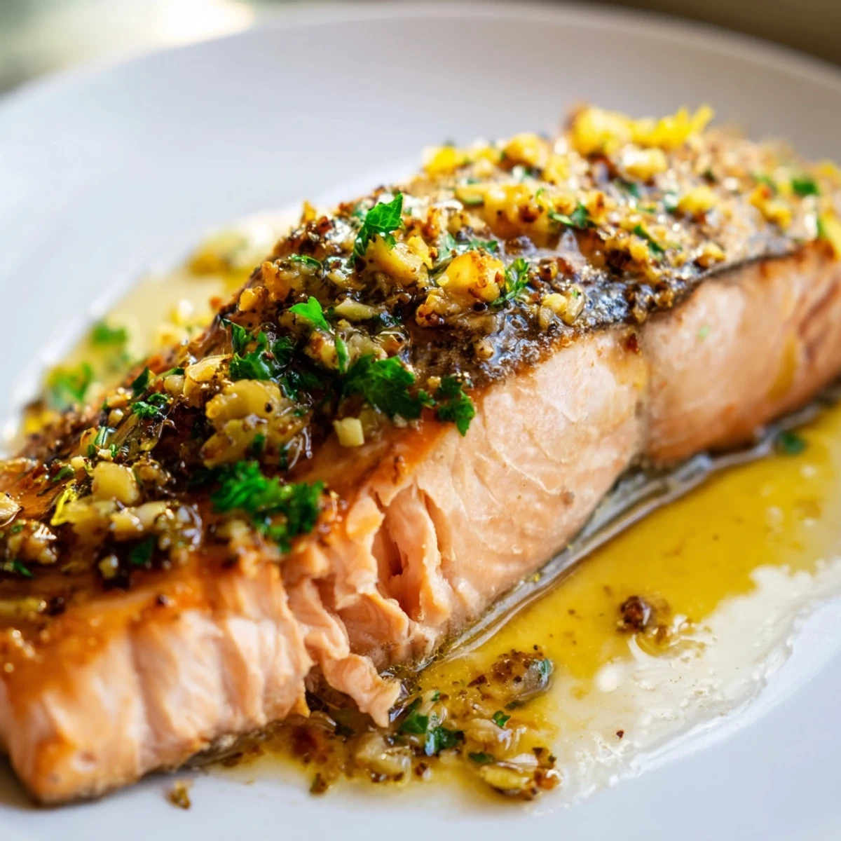 Sizzling garlic butter salmon drizzled with rich sauce on a white dinner plate