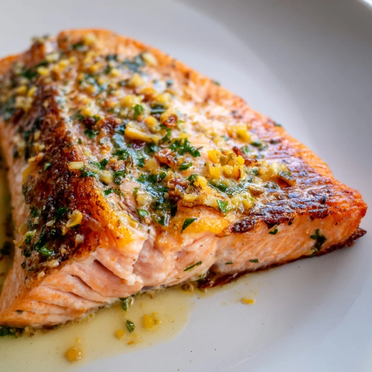 Perfectly flaked garlic butter salmon served alongside steamed vegetables and bright lemon slices
