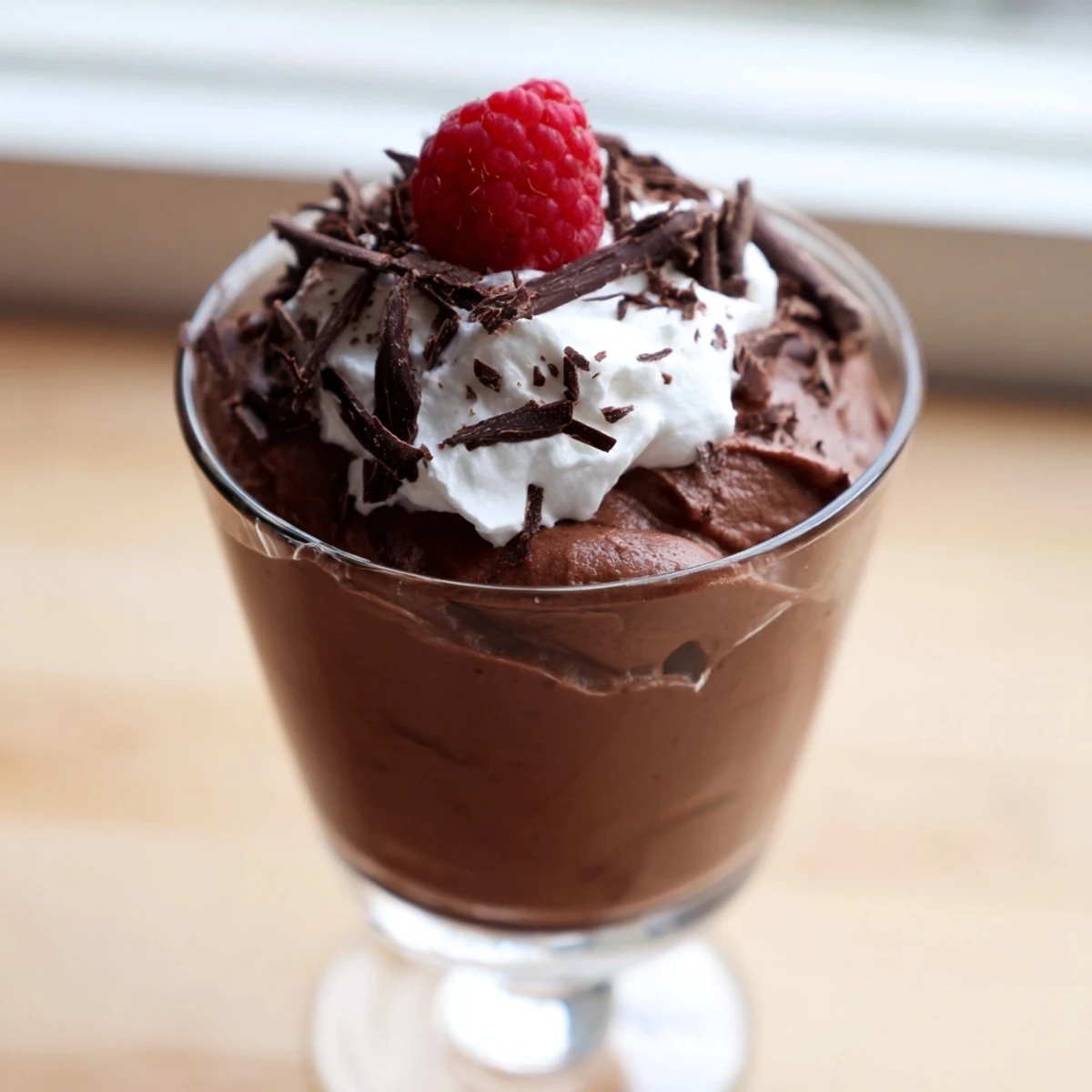 Creamy chocolate mousse served in elegant glasses topped with whipped cream