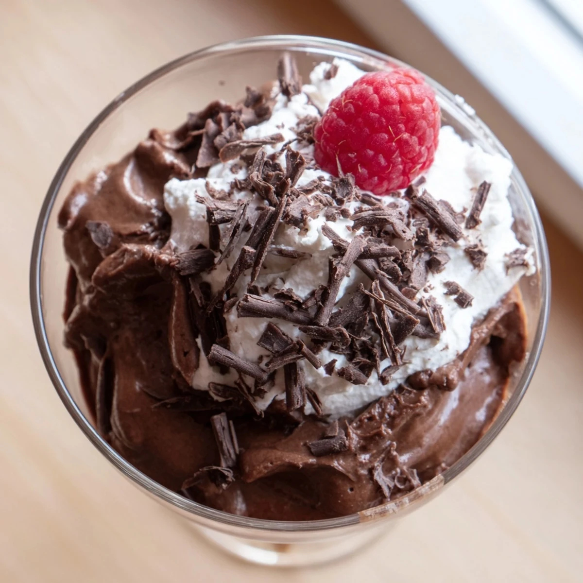 Smooth chocolate mousse garnished with fresh berries and delicate chocolate shavings