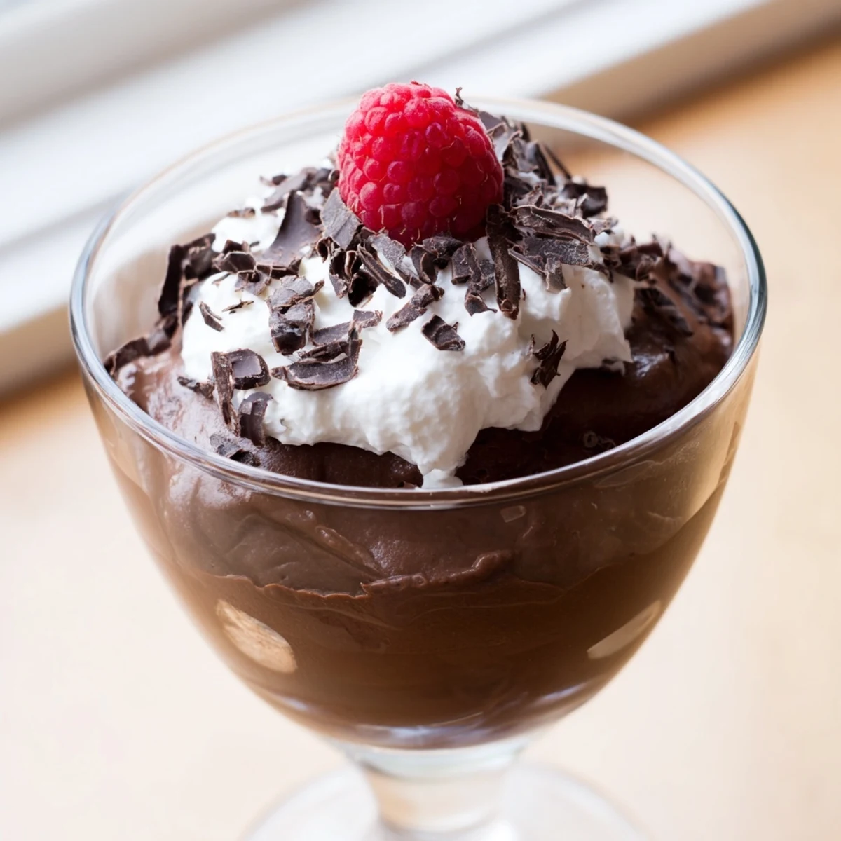 Rich dark chocolate mousse with glossy swirls in a clear ramekin