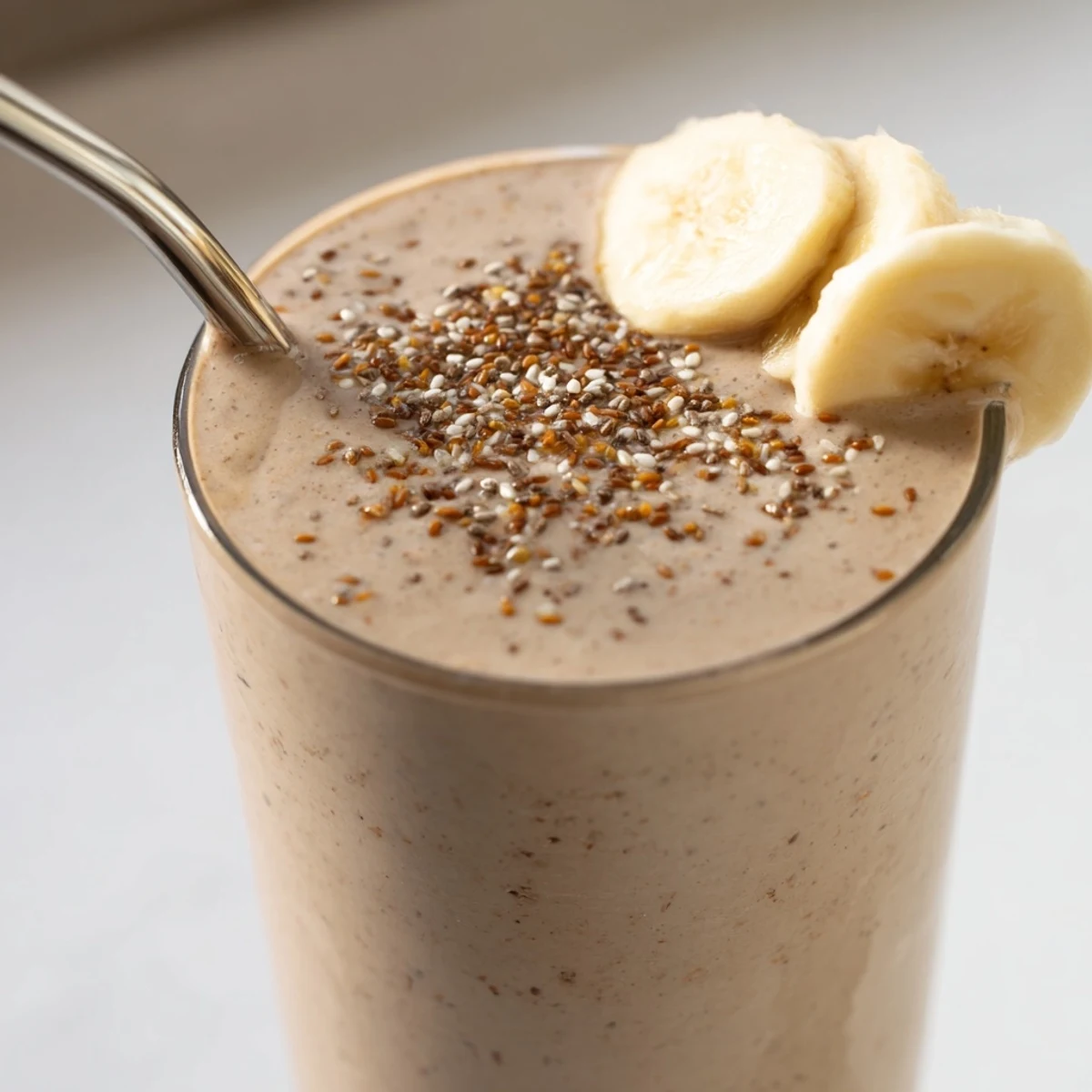 Creamy banana protein coffee smoothie topped with cinnamon in a tall glass