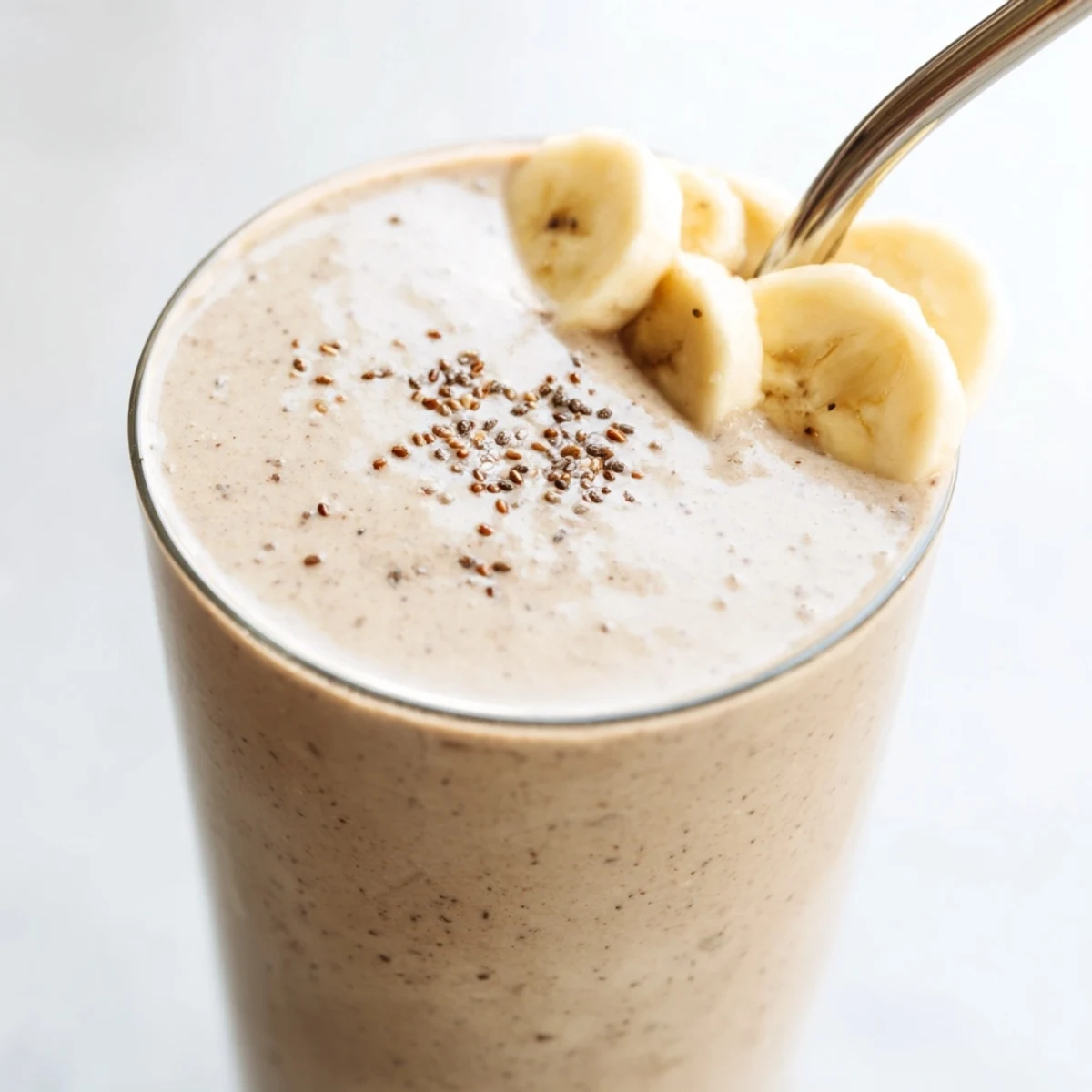 Thick frothy banana protein coffee smoothie poured over ice for a morning energy boost